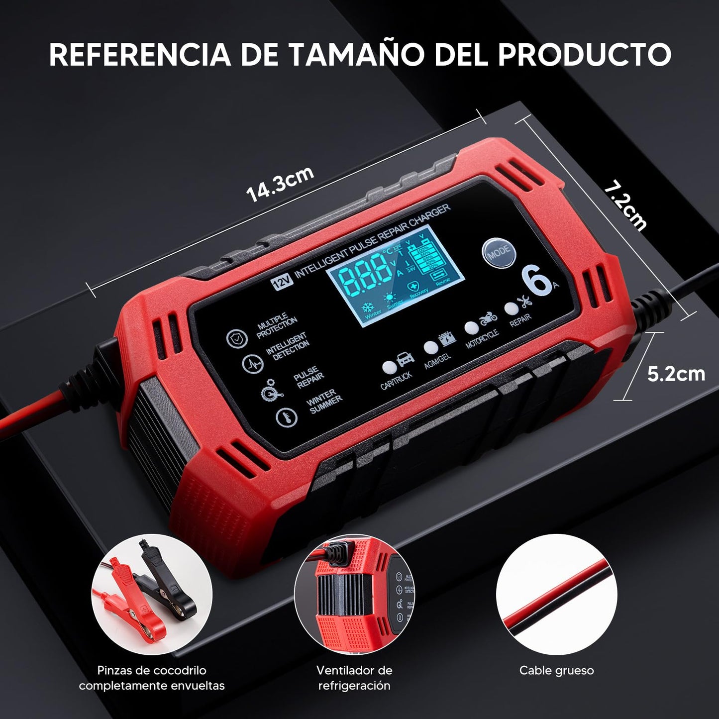 HUSEYTA Cargador de Bateria de Auto 12V 6A,Adecuado para Coches, Motos y SUV,con LCD Pantalla Pantalla,Múltiples Protecciones, Regulación de Corriente Inteligente para Cargar y Proteger la batería.