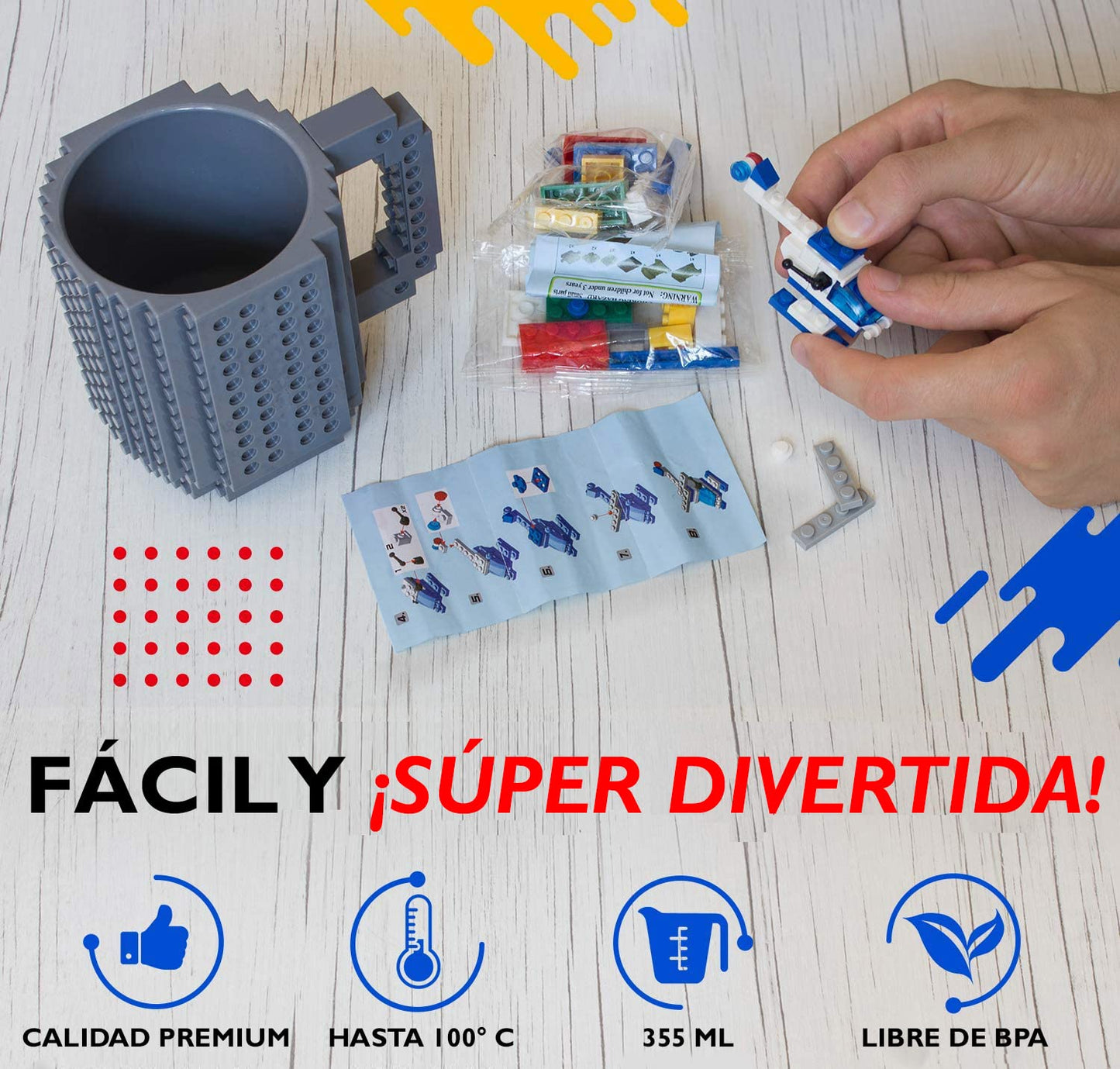 John & John Taza armable de diseño Divertido para Ladrillos, Incluye un muñeco y 2 Sets de Bloques de construcción para Jugar (10 Colores) - Gris