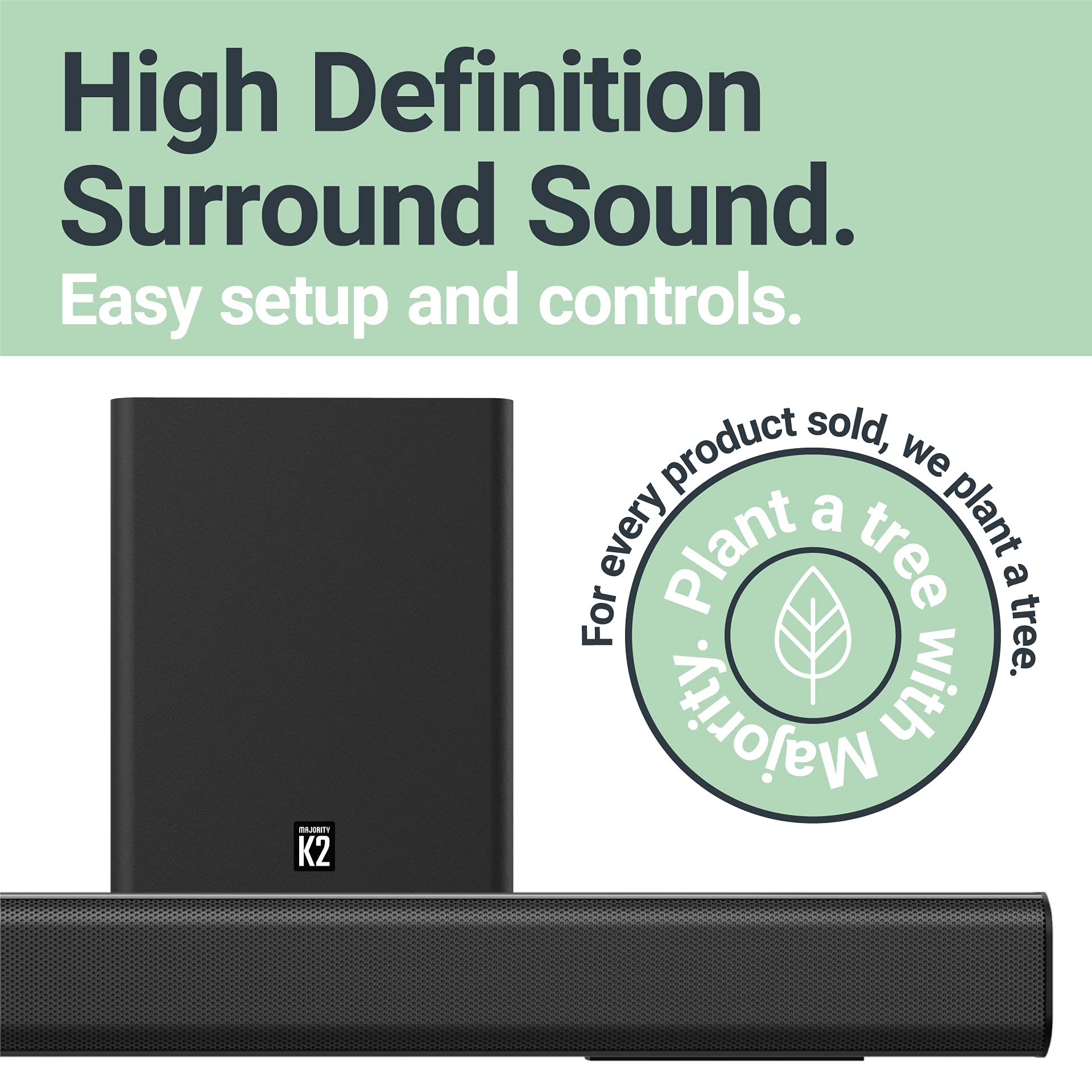 Majority K2 - Barra de sonido con subwoofer | 150 W potente barra de sonido estéreo de 2.1 canales para TV | Sonido envolvente 3D de cine en casa I HDMI ARC, Bluetooth, conexión óptica y RCA I USB y