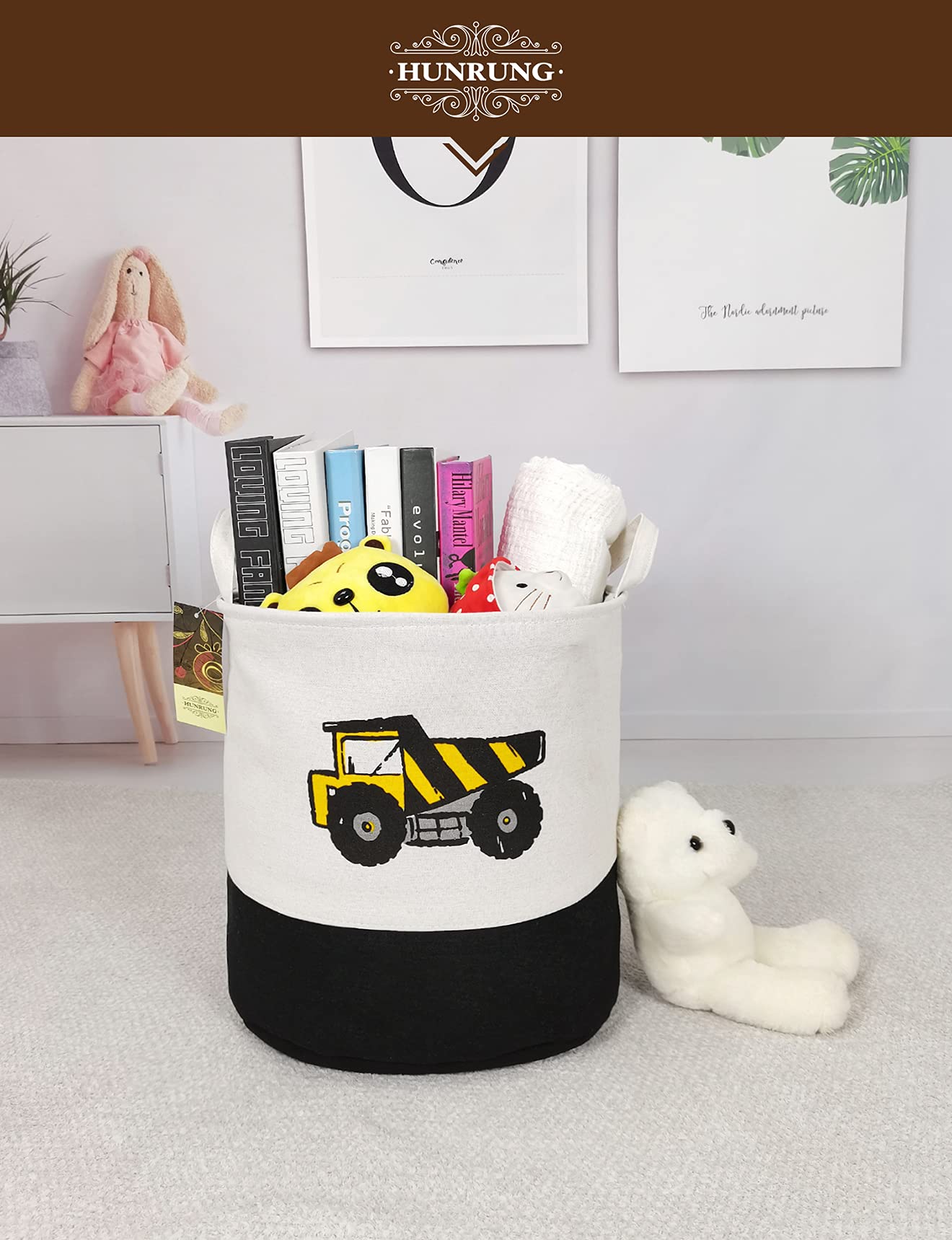 HUNRUNG - Cesta organizadora para la Colada de tamaño Grande, cestas Redondas de Regalo, Resistente al Agua y Plegable, Bolsa de Tela de algodón para guardería, Juguetes, Sala de Juegos, Engineerin