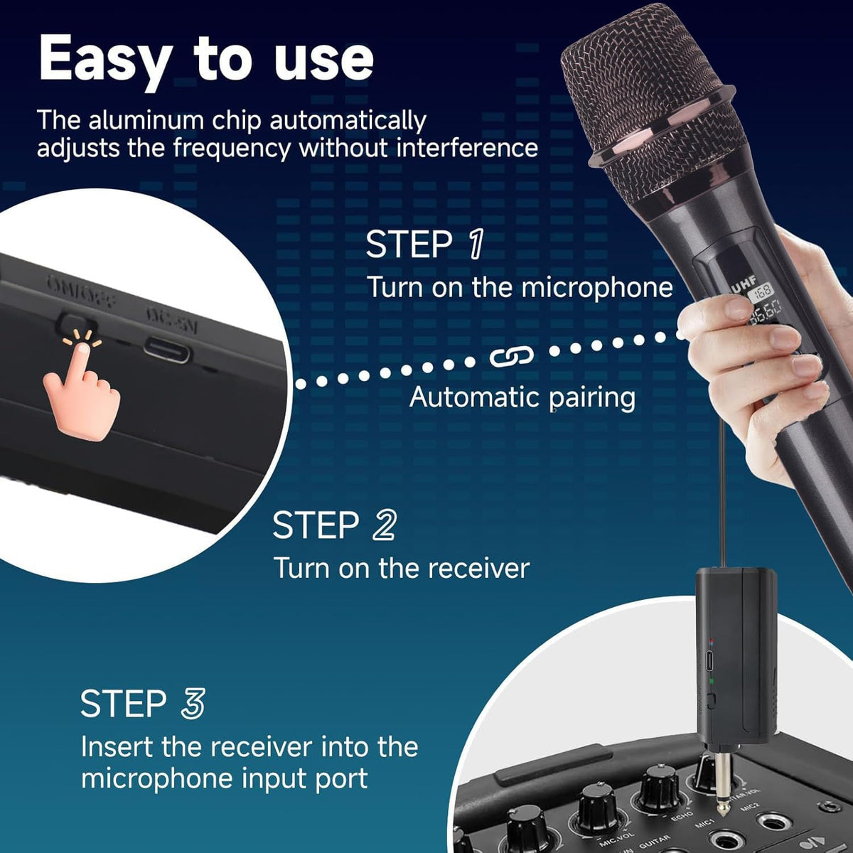 Micrófono Inalámbrico Plug and Play con Receptor Recargable de Mano para Escenarios Grandes