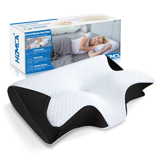 HOMCA Almohada cervical ergonómica 2 en 1, almohada ortopédica de espuma viscoelástica para espalda, de lado y boca abajo, 60 x 13/11 x 40 cm, color negro
