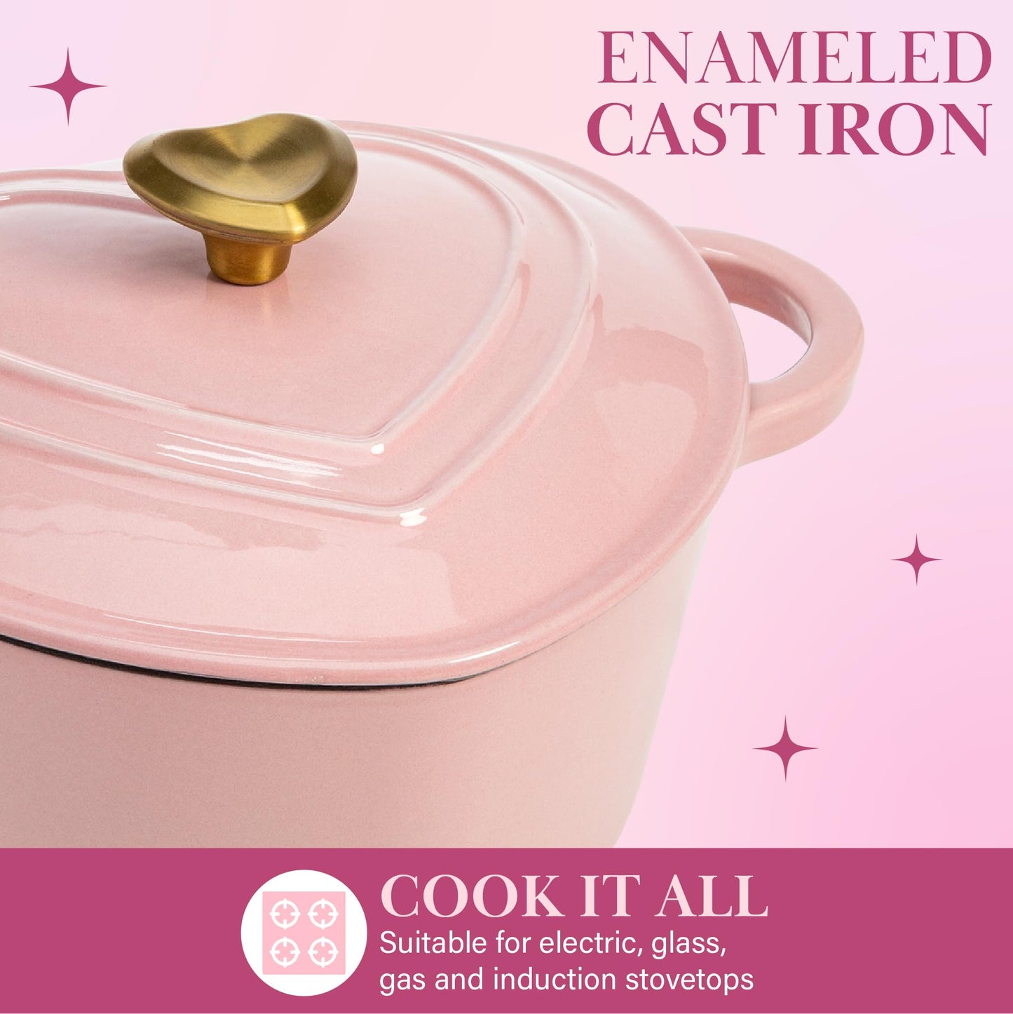Paris Hilton Olla holandesa de hierro fundido esmaltado, en forma de corazón, con tapa, doble asa, compatible con todas las estufas, apta para horno hasta 260°C, 3.8 L, rosa