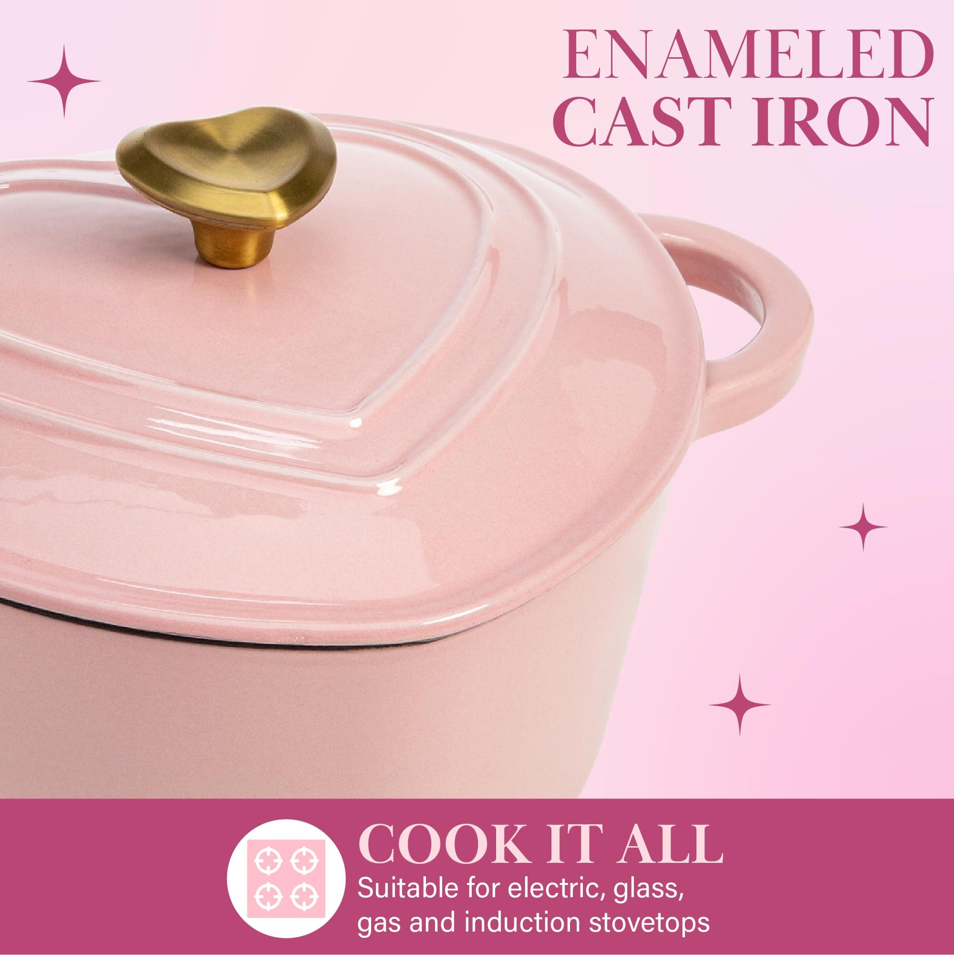 Paris Hilton Olla holandesa de hierro fundido esmaltado, en forma de corazón, con tapa, doble asa, compatible con todas las estufas, apta para horno hasta 260°C, 3.8 L, rosa