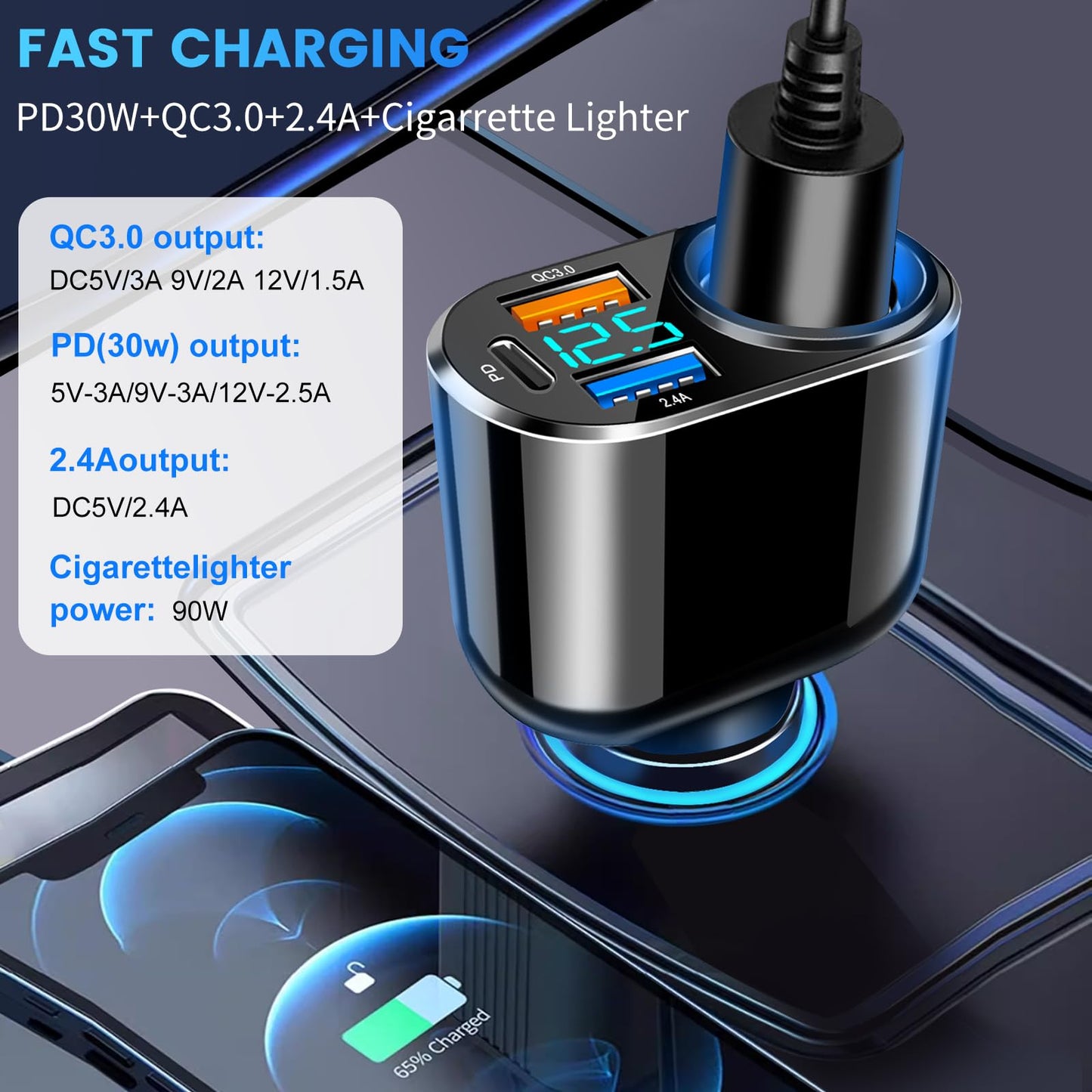 Cargador de coche USB C, PD de 30 W tipo C, cargador rápido de coche de 90 W, adaptador de enchufe para encendedor de cigarrillos, compatible con iPhone 16 Pro Max Plus 15 14 13 XS Samsung GPS