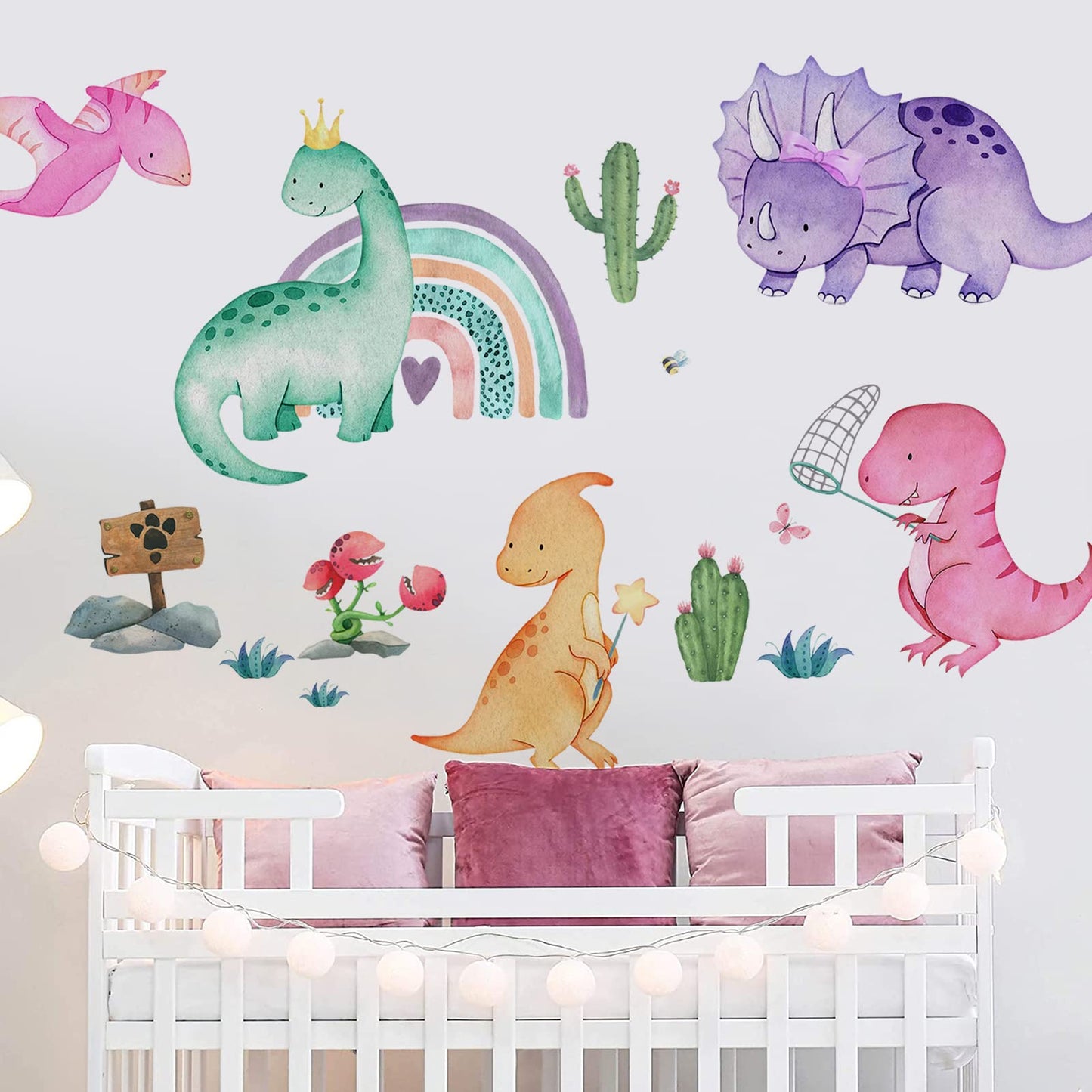 Yovkky - Calcomanías de pared de dinosaurios para niñas, decoración de cuarto de bebé, diseño de cactus de arcoíris, plantas tropicales, decoración del hogar, recámara de niños, sala de juegos