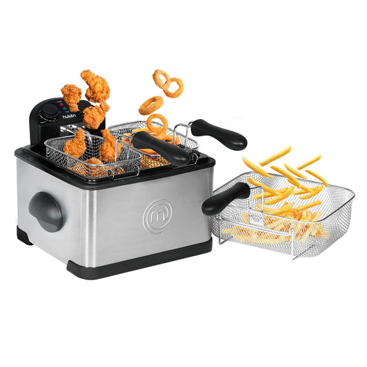 Hukën x MasterChef | Freidora de Aceite | Flash-Fry XL | Triple Basket | Capacidad 4 litros | Acero Inoxidable | Canastillas Removibles e intercambiables | 1700 W | MK-DF-4SSV2