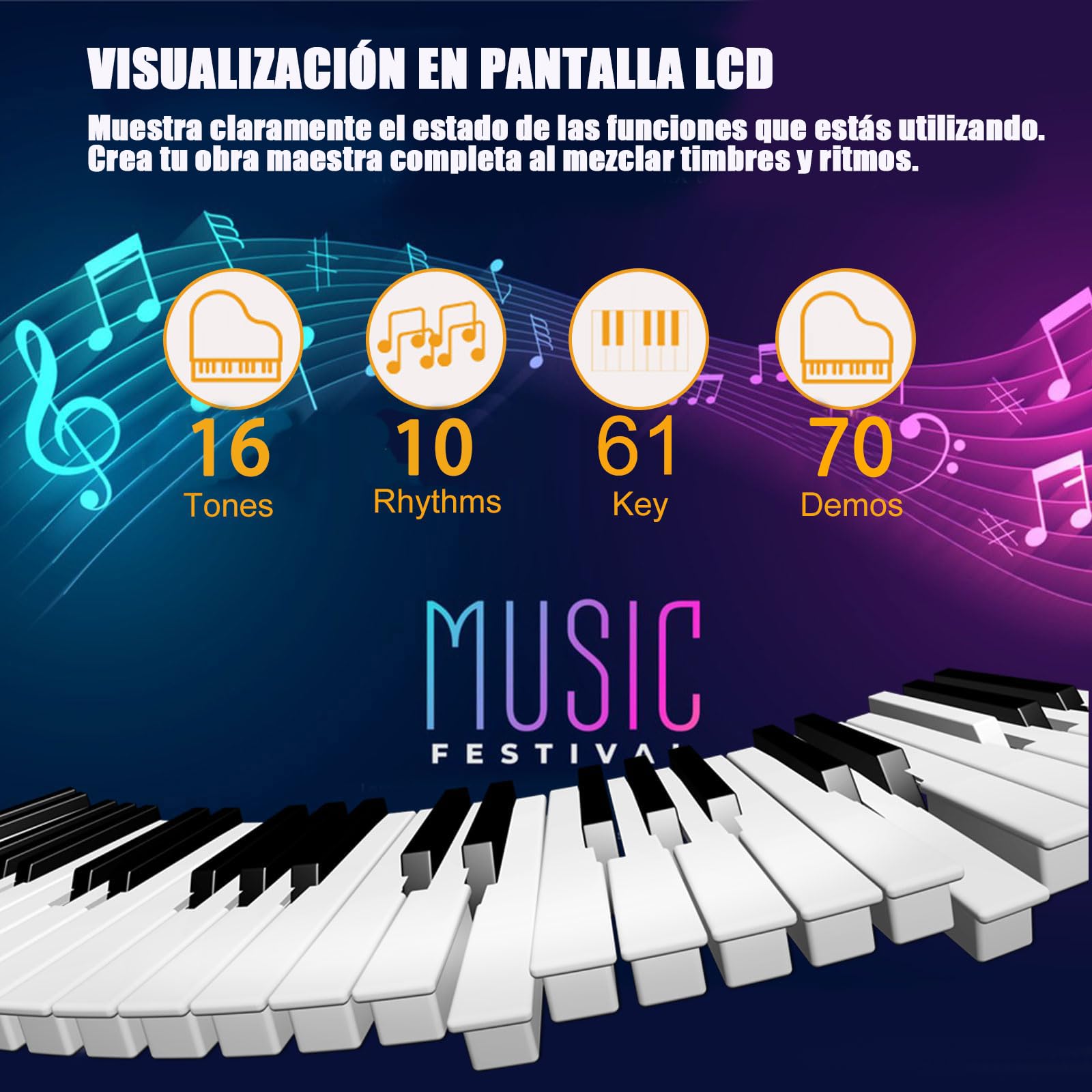 GILLAS Piano Eléctrico con 61 Teclas Estándar, Teclado Electrónico Portátil, Teclado Musical para Principiantes, Teclados Musicales Portátil para Principiantes Niños Estudio, Negro
