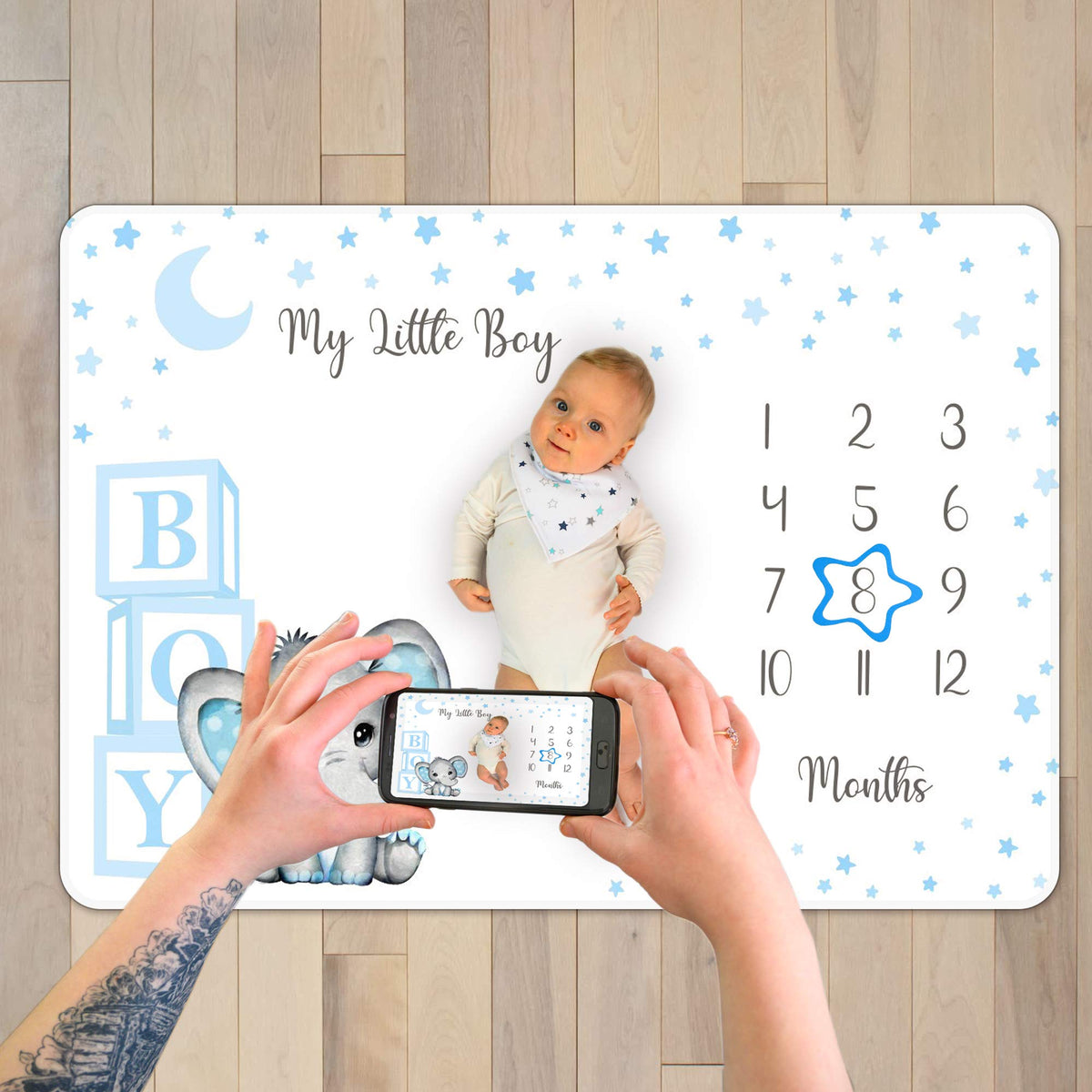 Baby Monthly Milestone Blanket Boy - Premium Extra Soft Fleece Blanket for Baby Shower - Newborn Month Milestone Blanket for Baby Boy Nursery Decor - Capture Baby Growth - with Baby Bib + 2 Frames
