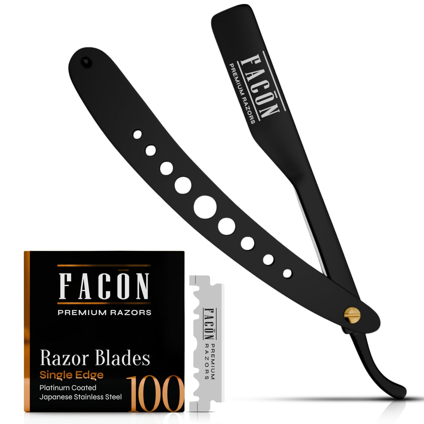 Facón Professional Straight Edge Barber Razor with Adjustable Tension Screw + 10 Blades - Salon Grade Quality Cut Throat Shavette - Japanese Stainless Steel - Black & Gold Limited Edition Gift Box