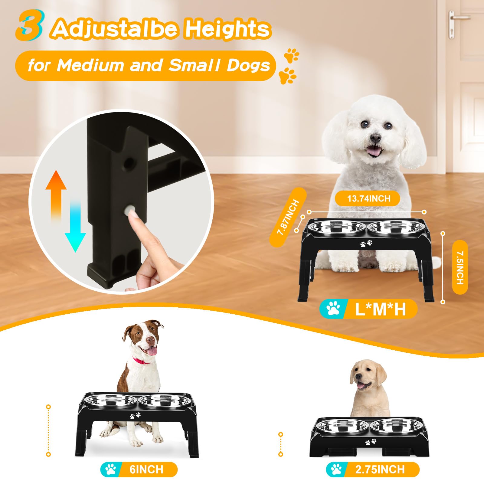 Lingtoolator Dog Bowls for Small Medium Dogs 3 Height Adjustable Raised Dog Bowl Stand with 2 Thick 6" Stainless Steel Dog Food Bowls Non-Slip Dog Feeder Adjusts to 2.75", 6", 7.5