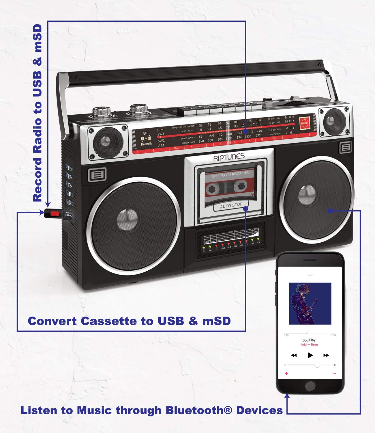 Boombox Riptunes Negro Estilo Clásico con Reproductor de Cassette y Radio AM/FM para Hombre