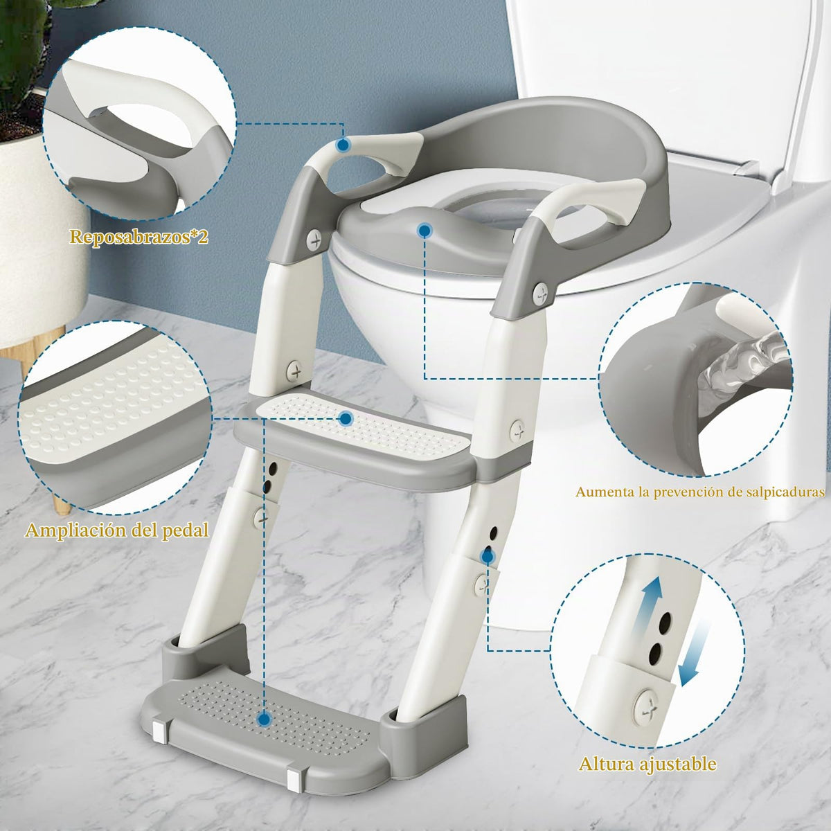 CUXFLS Asiento para Entrenamiento de Baño 3-en-1 para Niños Pequeños (Inodoro, Escalera, Ayuda para Agacharse) para Niños y Niñas con Cojín Desmontable, Anti-Salpicaduras y Diseño Plegable - Gris