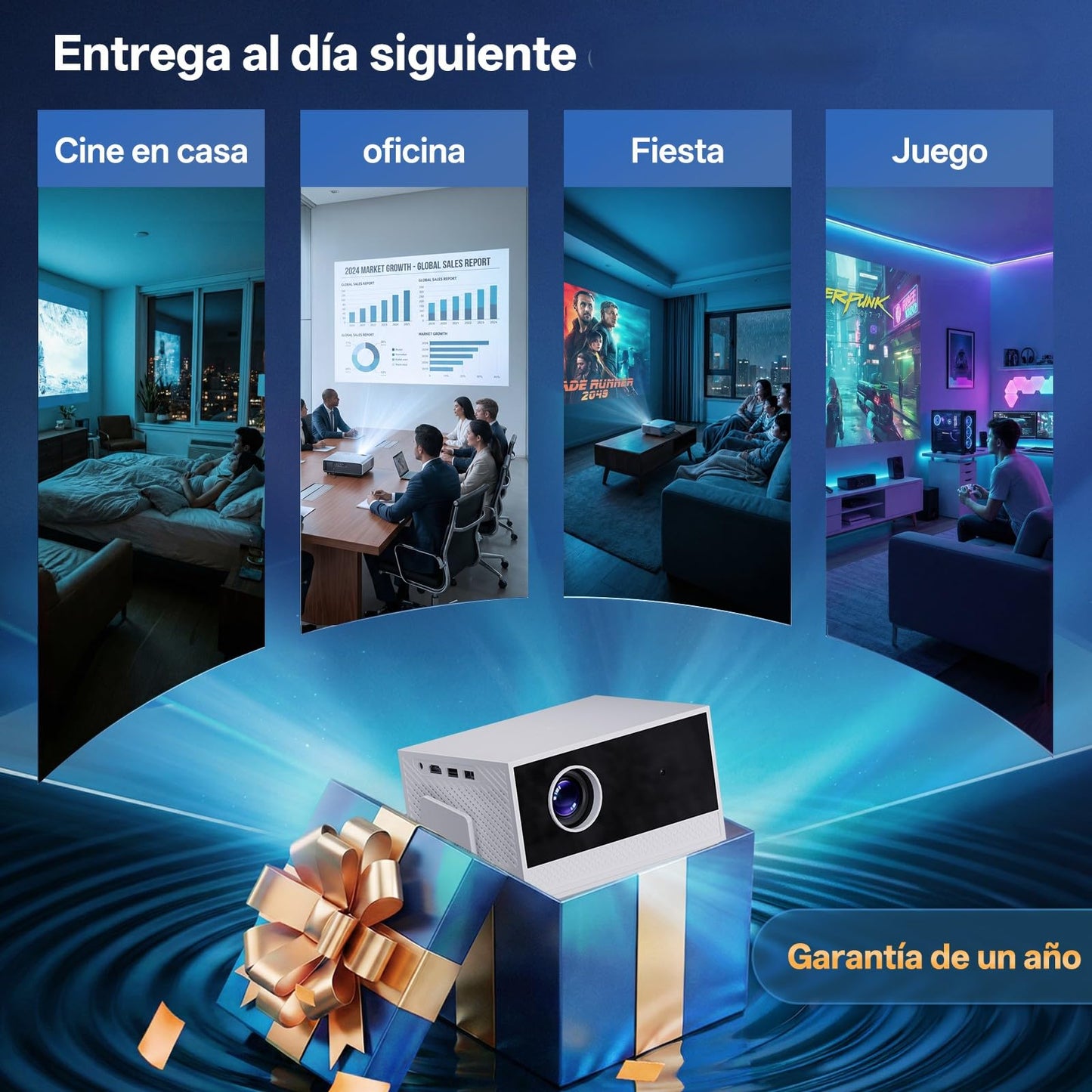 AOSO Proyector Portatil Ldeal para Ver Copa Mundial，1080P & 4K Proyectores Inteligente, 4000+ Apps con Prime Video, Estándar 300 ANSI Mini Proyector，Bluetooth5.2 & WiFi 6 con HDMI(Blanco