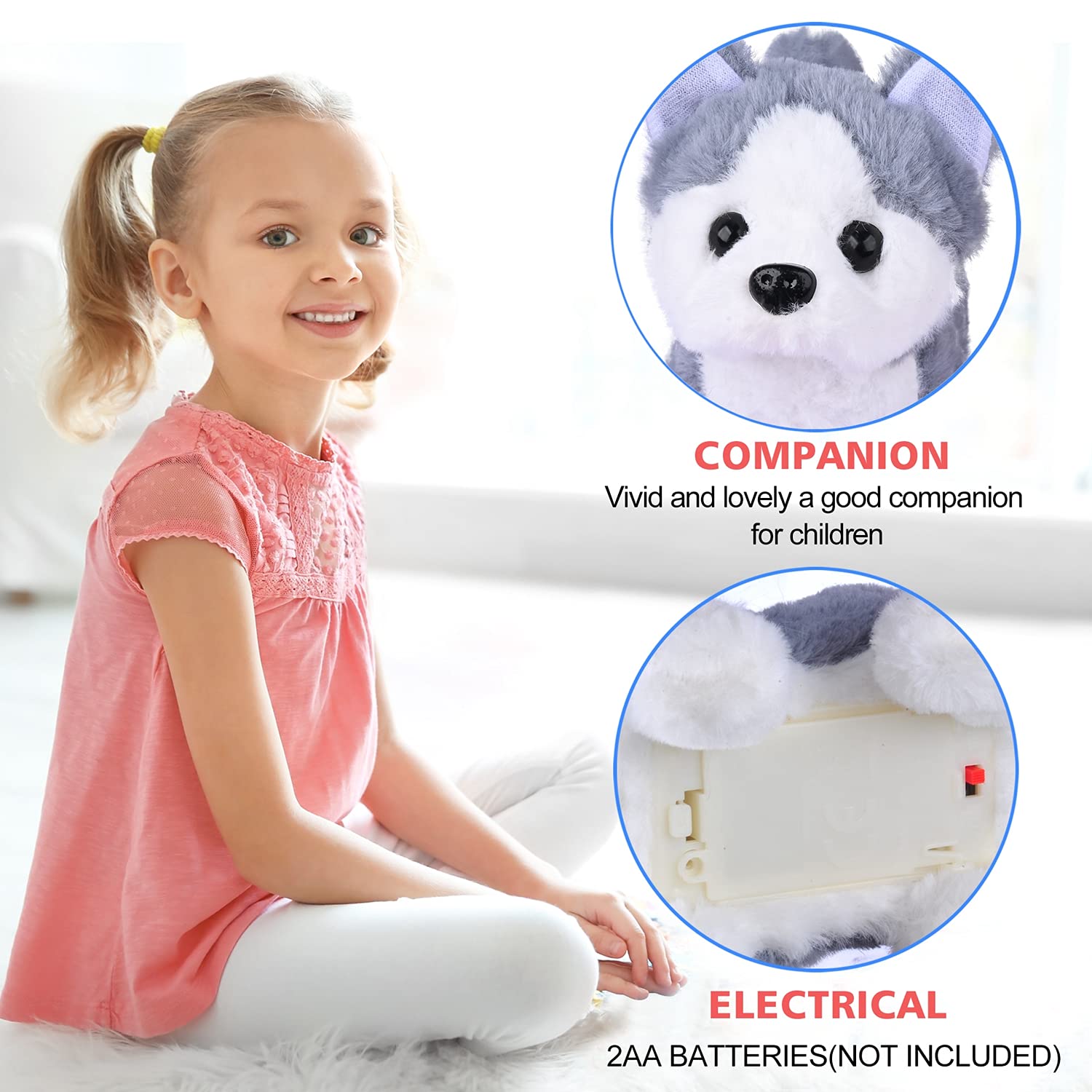 Juguete de Peluche Electrónico Interactivo WorWoder Husky para Cachorros para Caminar, Ladrar y Mover la Cola para Niños