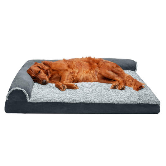 Furhaven - Cama Para Perros De Espuma Viscoelástica Xl, Diván Bicolor De Piel Sintética Y Gamuza En Forma De L Con Funda Extraíble Y Lavable, Gris Piedra, Gigante