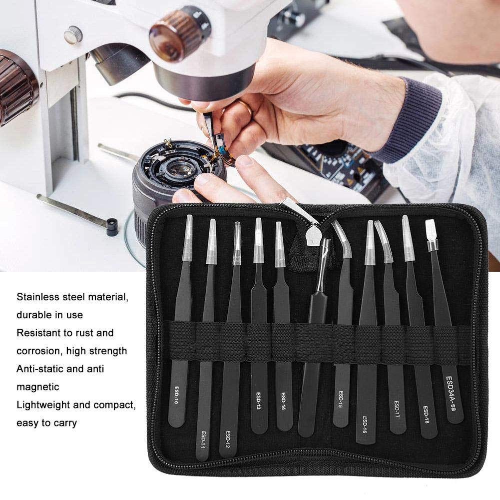 Garosa 11 piezas Juego de pinzas de precisión kit de pinzas antiestáticas ESD de acero inoxidable con bolsa portátil Kit de Herramientas de reparación para Reparación Electrónica(#1)