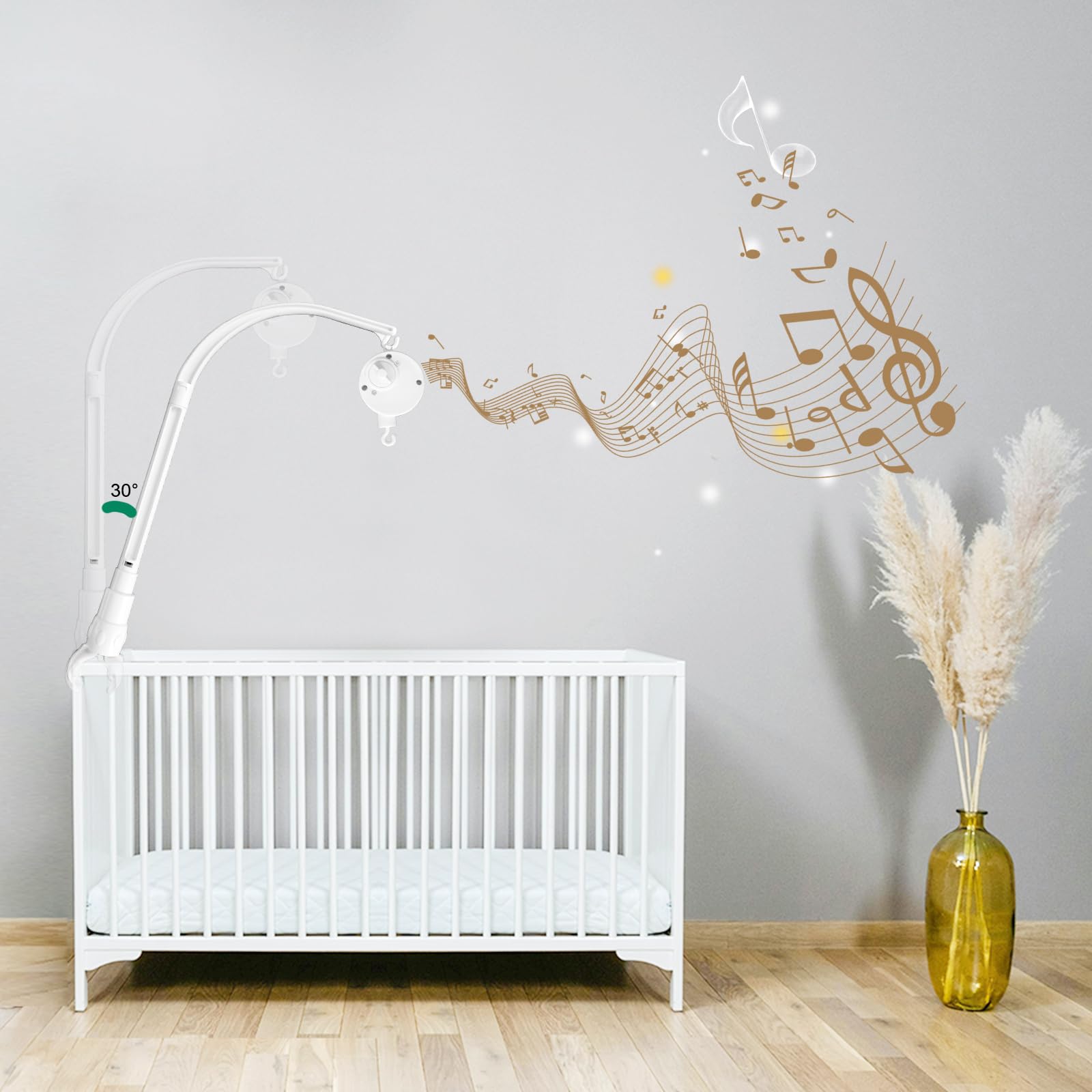 Soporte de Brazo para Cuna de Bebé con Caja de Música y Decoración de Juguetes Ajustable de 58,4 cm