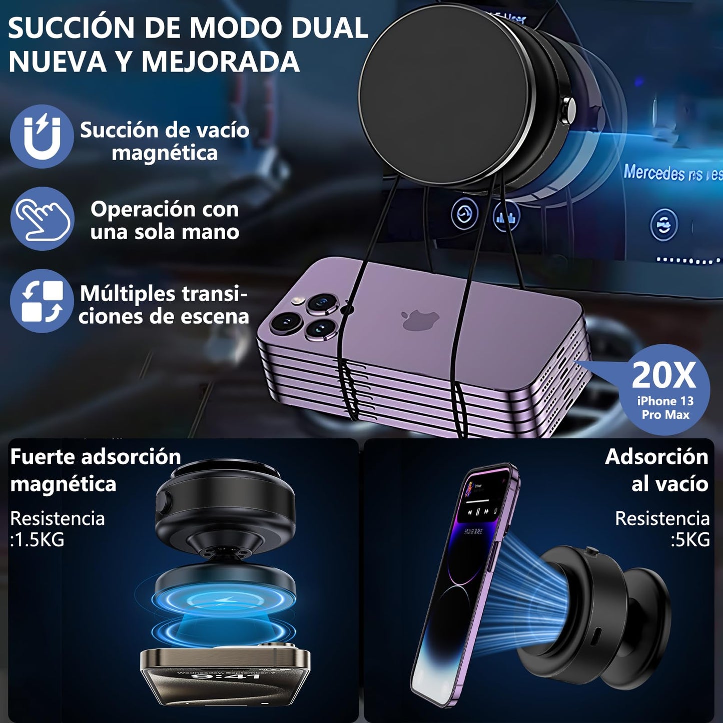 Soporte Celular Automóvil Magnético,Sujetador de Celular para Auto Giratorio de 360°,Con Anillo Magnético y Ventosa,Compatible con Todos los Teléfonos Móviles,Adecuado para Parabrisas/Salpicaderos
