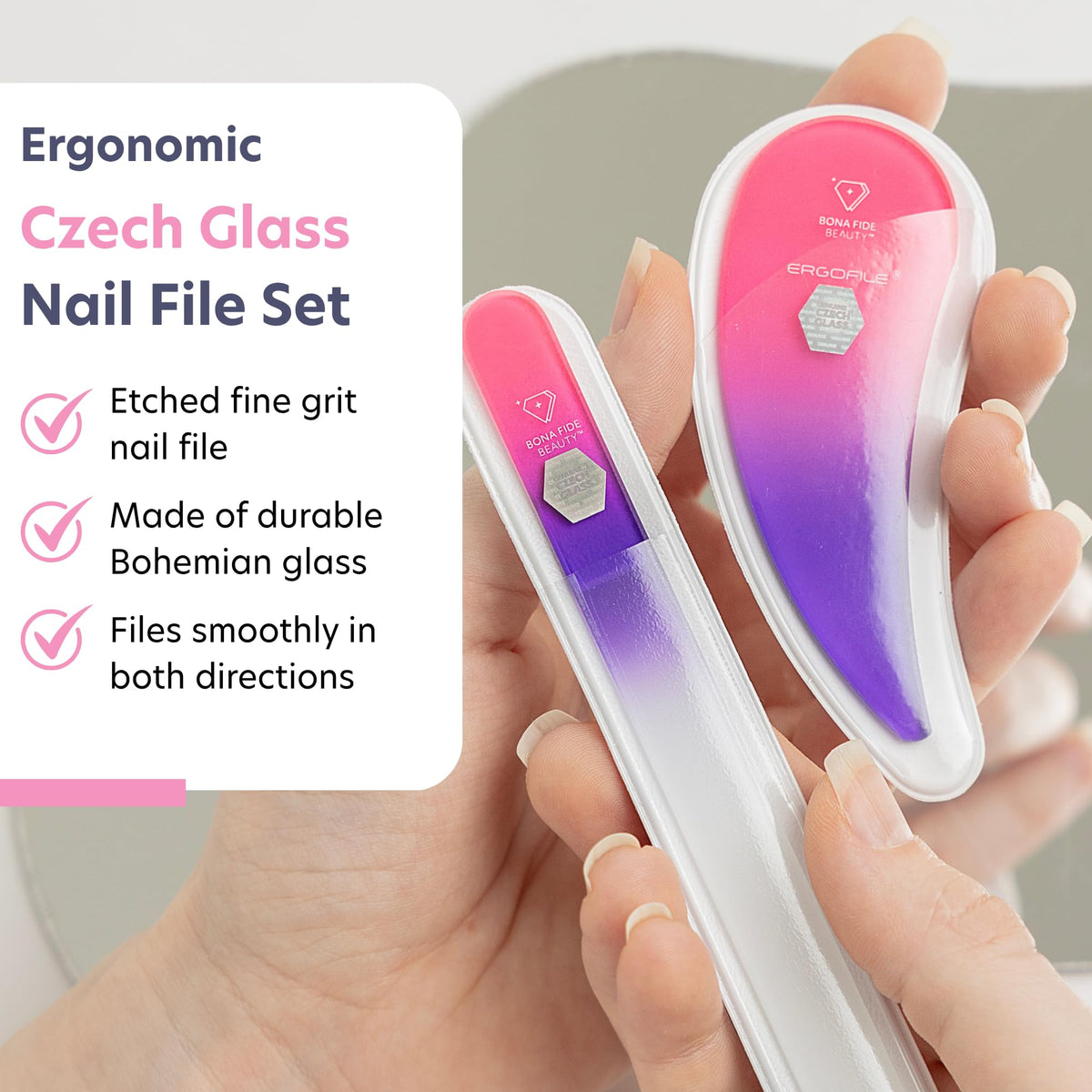 Glass Nail File Manicure Set, Comfort Grip Ergonomic Drop Ergofile for Gentle & Efficient Filing, Professional Nail Care Tools by Bona Fide Beauty Genuine Czech Glass