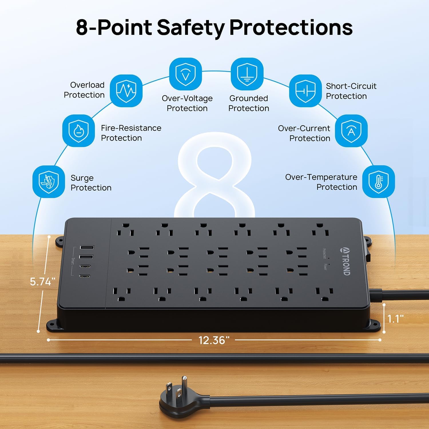 TROND Enchufe Multiple Regleta Multicontacto, Regleta con Protector contra sobretensiones, tomacorrientes de 22 CA con 4 USB(2 USB C), 4000J, certificación ETL, Enchufe Plano 10ft De Alta Resistencia