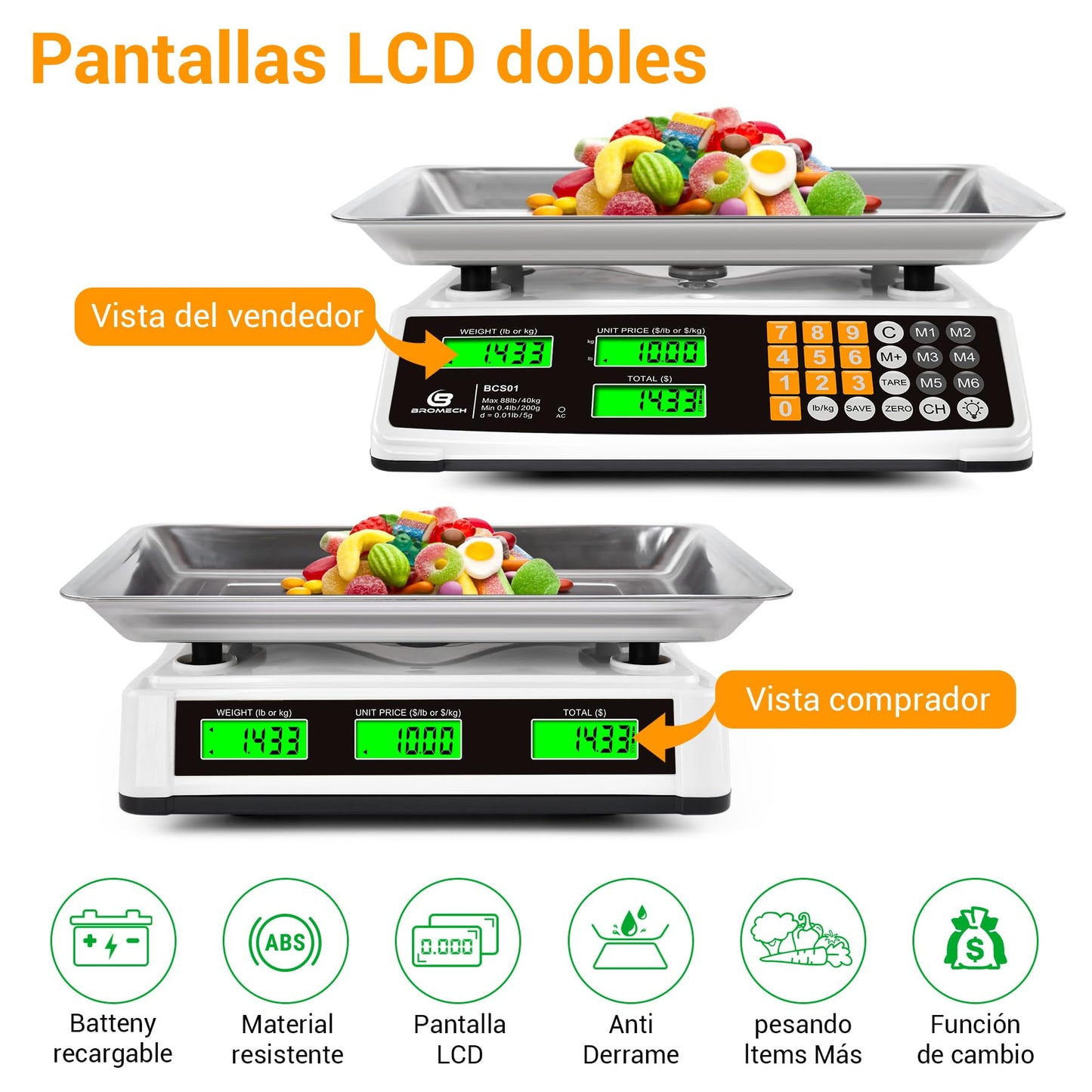 Báscula Digital Comercial 40kg Bascula alimentos para Pesar Productos Carne con Gran Plataforma de Acero Inoxidable, Pantalla LCD y Luz de Fondo Verde Brillante para Mercados Agrícolas
