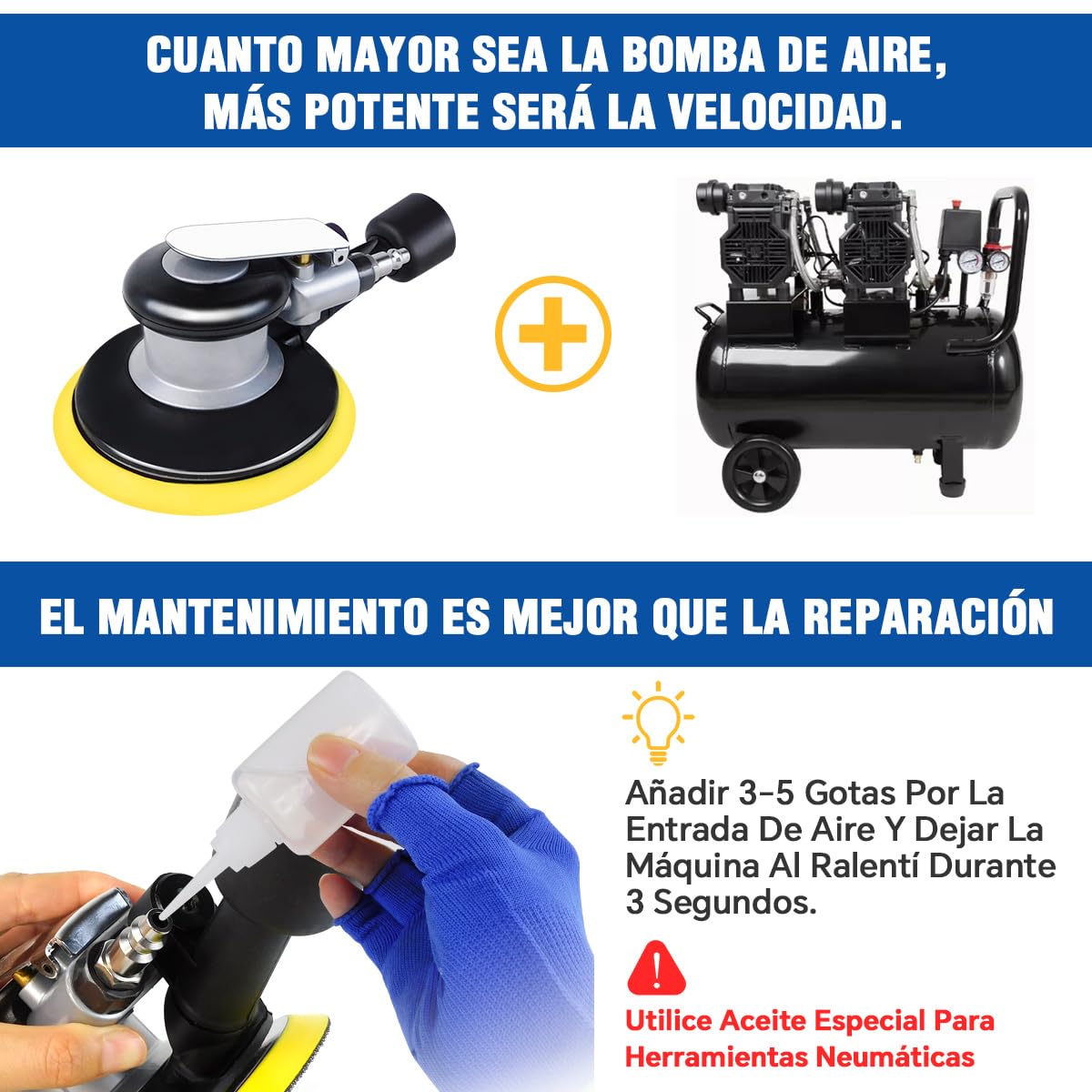Lijadora Orbital Neumática 6'' Pulgadas, Lijadora Orbital Industrial Aleatoria Palma de Aire 12000 RPM con 6 Papeles de Lija Para Pulidor de Madera de Metal y Trabajo de Carrocería de Auto