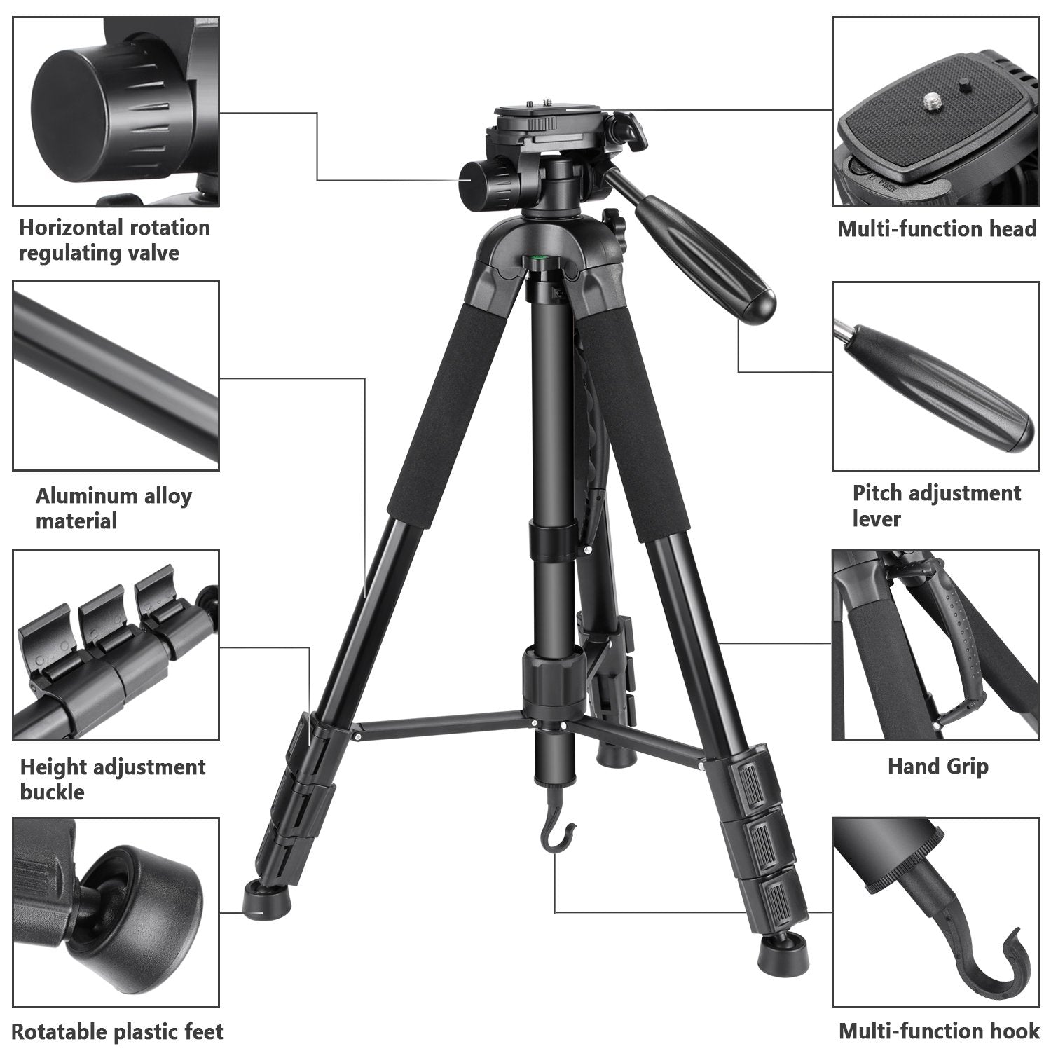 Trípode Monopié NEEWER Negro 177 cm de Aluminio con Cabezal Giratorio para DSLR Cámara DV Videocámara