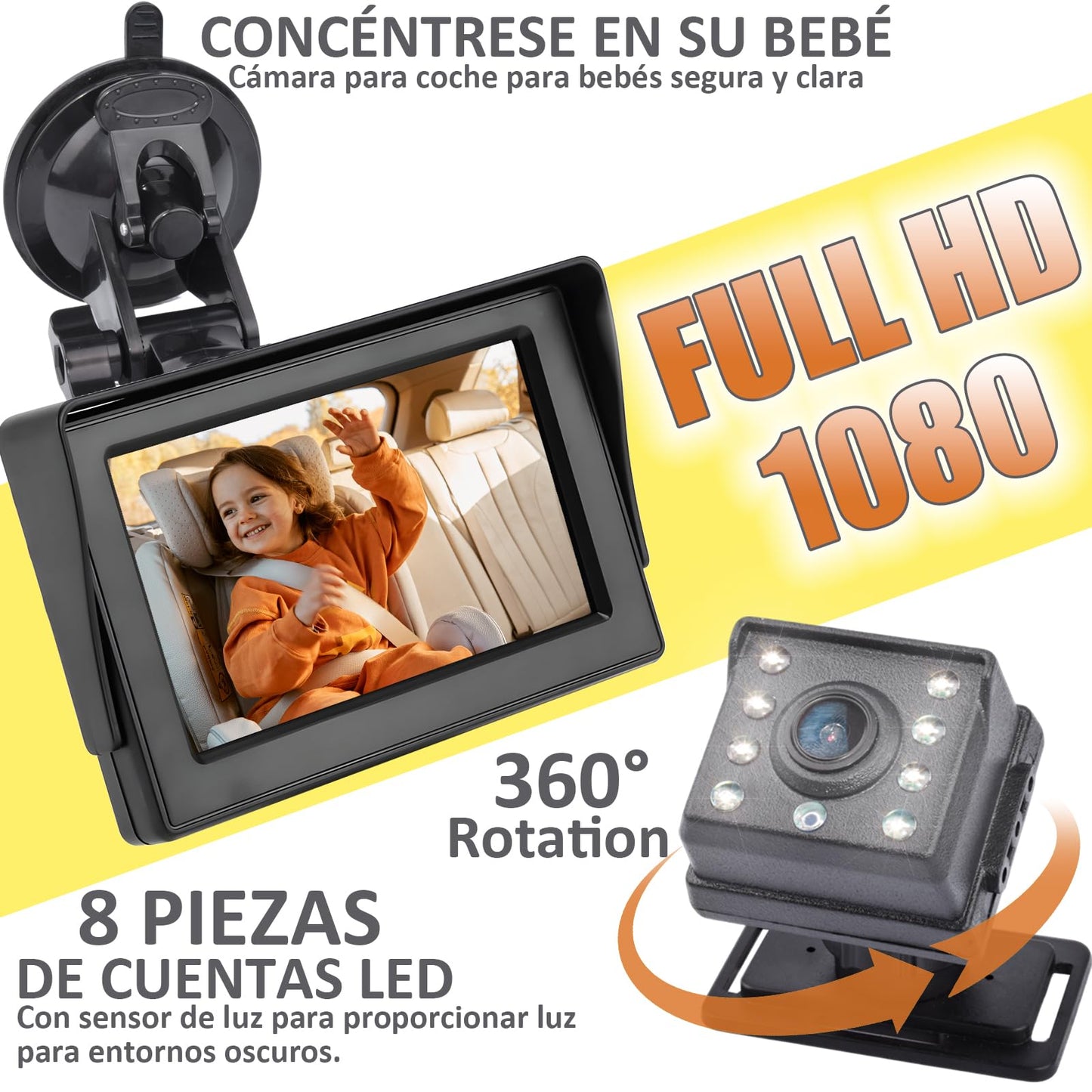 KASIKAI Cámara para Bebé Asiento Trasero HD 1080P, Pantalla 4.3'' Espejo Retrovisor con 8 Leds Visión Nocturna, 150° Ángulo Amplio y 360° Giratorio, Monitor para Carro Bebé, Cámara Coche Infantil