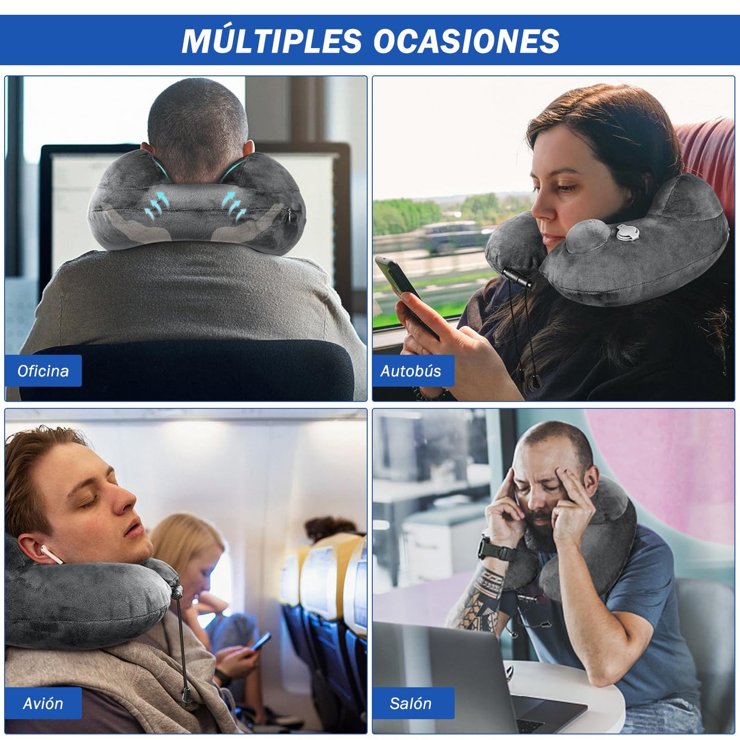 GuDoQi Almohada de Viaje Hinchable, Inflable Cojin Cervical Viaje con Tapón de Oídos, Máscara de Ojos, Cordón Ajustable, Cojin de Viaje Cuello para Avión, Coche, Oficina