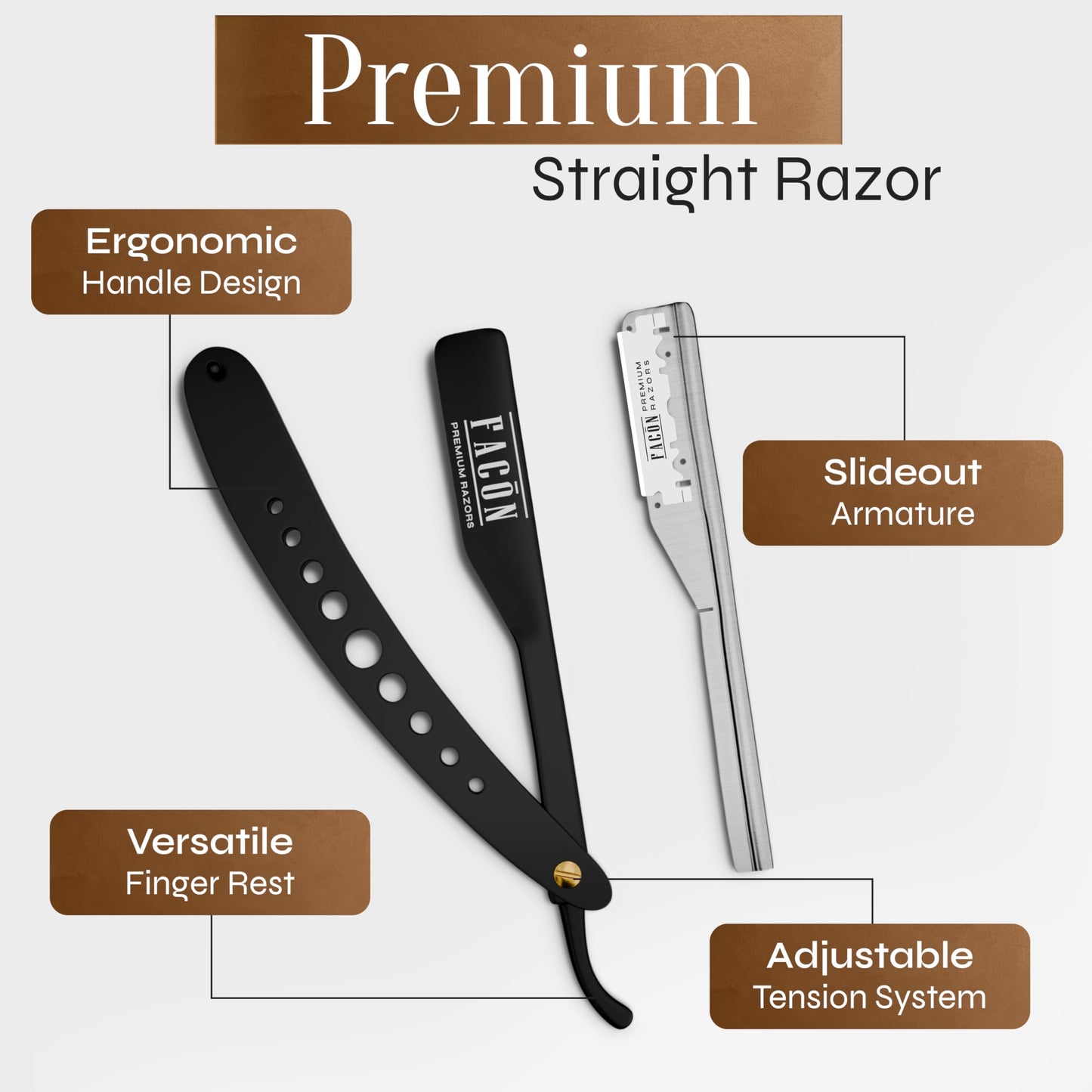 Facón Professional Straight Edge Barber Razor with Adjustable Tension Screw + 10 Blades - Salon Grade Quality Cut Throat Shavette - Japanese Stainless Steel - Black & Gold Limited Edition Gift Box