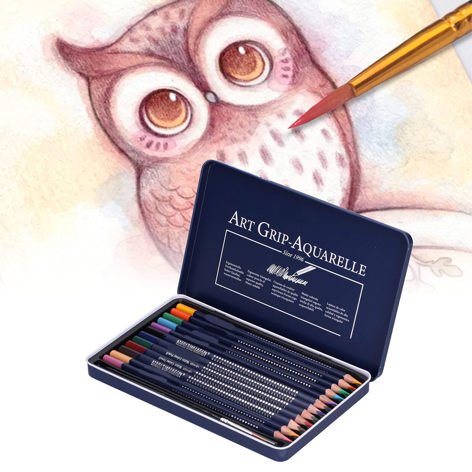 Lápices de Acuarela, Juego de Lápices de Colores Solubles en Agua, Lápices de Colores con Pintura de Troncos Triangulares Gruesos con Caja de Hierro(12 colores)