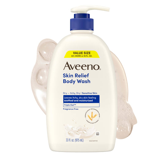 Aveeno Skin Relief Fragrance-Free Body Wash with Oat to Soothe Dry Itchy Skin, Gentle, Soap-Free & Dye-Free for Sensitive Skin, 33 fl. oz