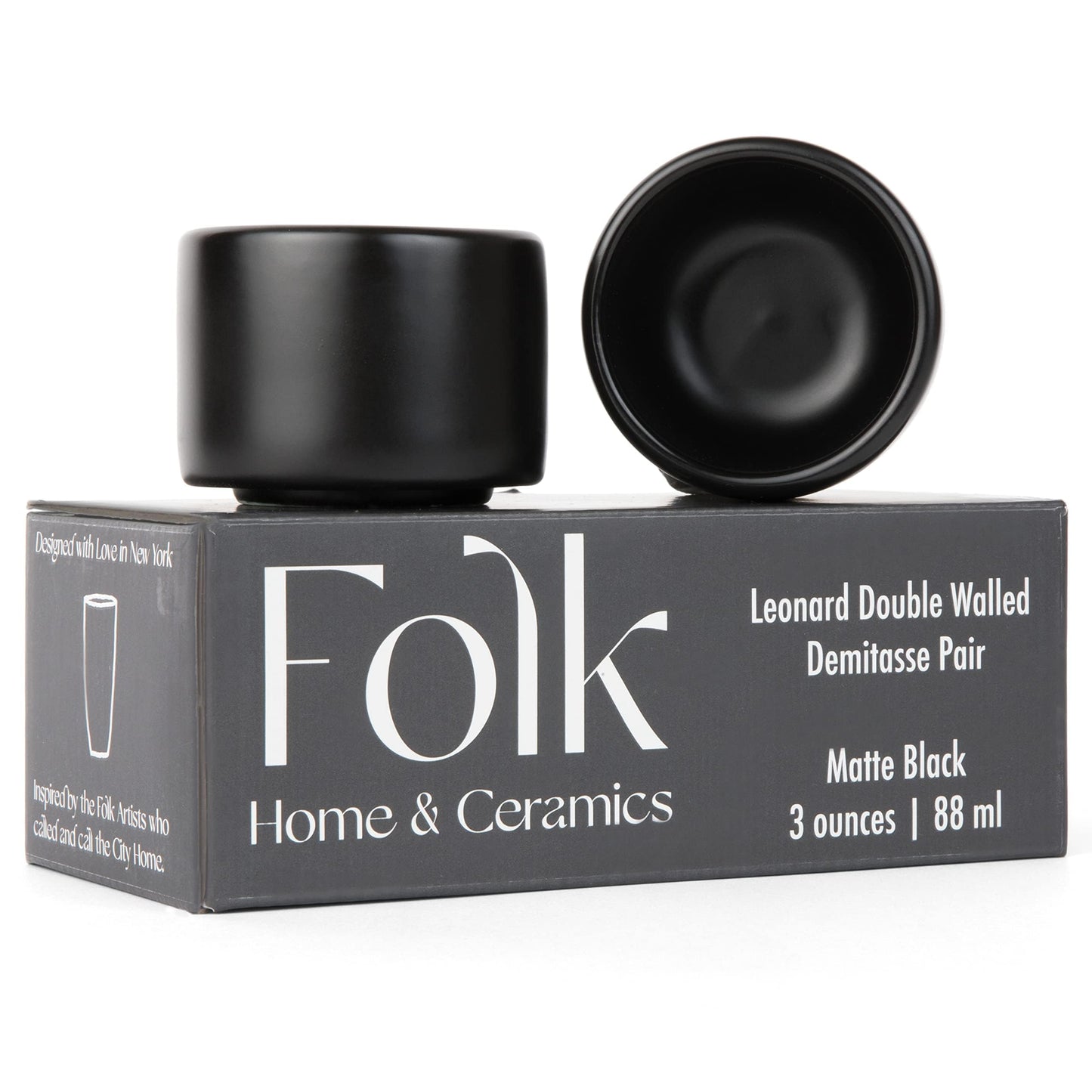 Folk Ceramics Leonard Tazas de café expreso de cerámica | Modernas tazas apilables demitasse para espresso, paredes gruesas, sin mango, duraderas, aptas para lavaplatos y microondas, juego de 2, 3