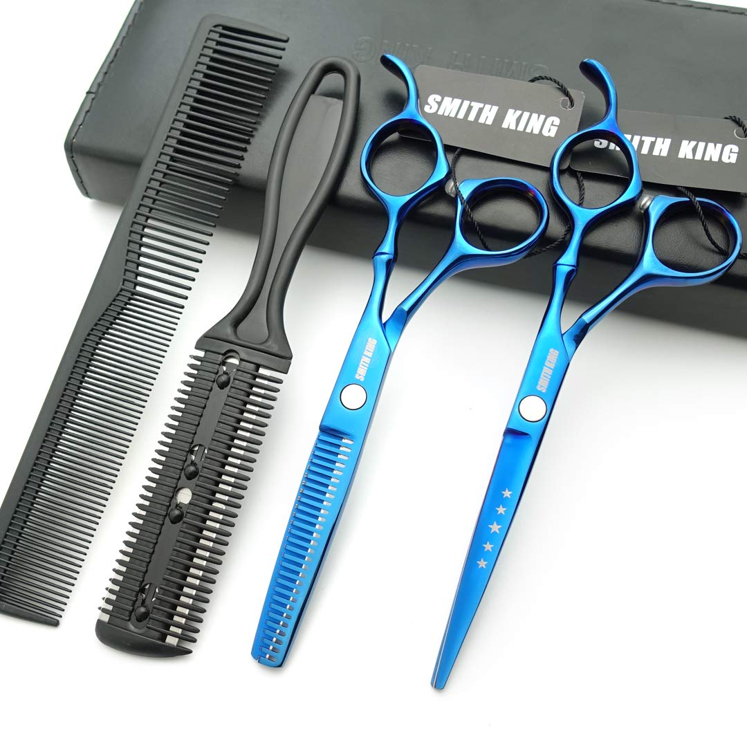 Juego de tijeras de corte de pelo de 15,2 cm con peines de piel, tijeras de corte de pelo, tijeras para adelgazar el cabello para personal y profesional (azul)