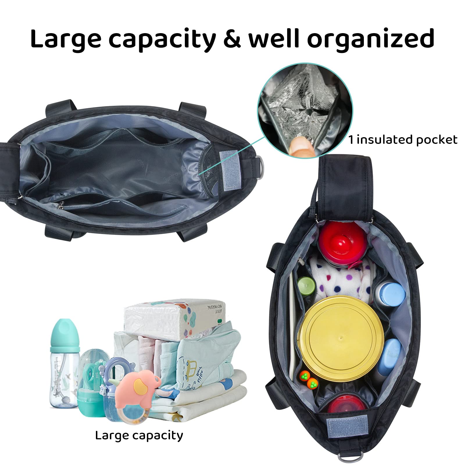 PHEBEN - Bolsa de pañales impermeable para bebé con mensajero para mamá y papá, multifuncional, tamaño mediano, para viaje (color negro)