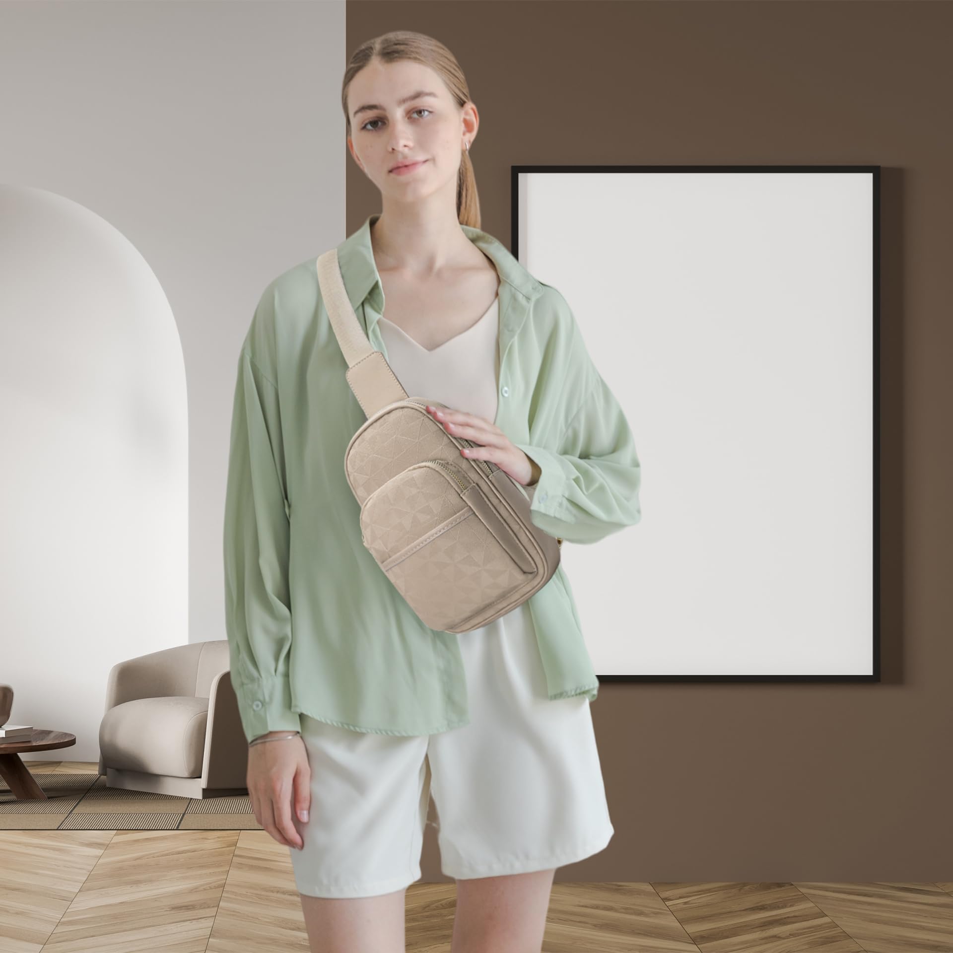 anck Riñonera bandolera para mujer, bolso bandolera para mujer, bolso pequeño en el pecho, riñonera a cuadros para mujer diseñador, 996-G-YH-Khaki, Estilo casual, moda relajada