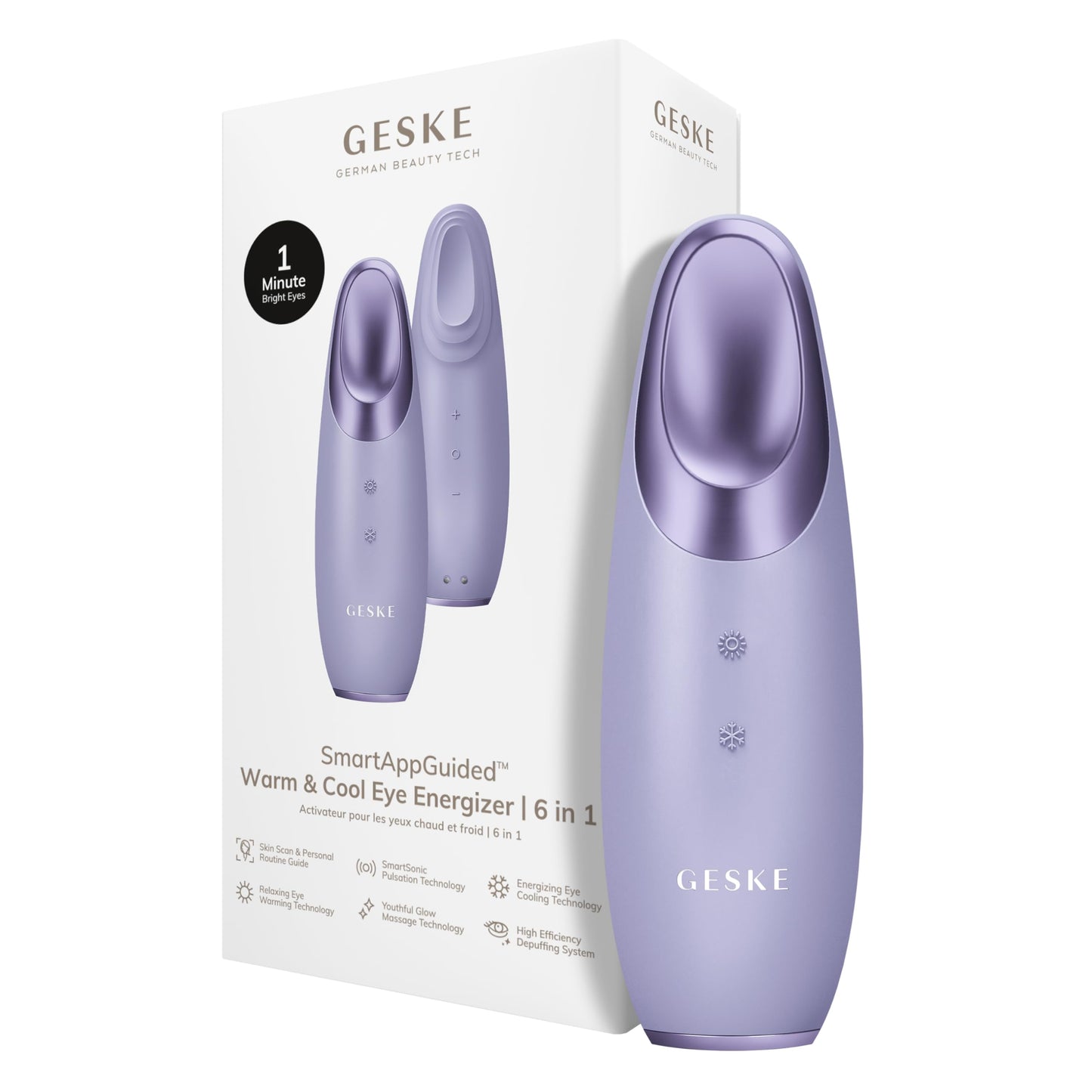 GESKE | SmartAppGuided™ Warm & Cool Eye Energizer | 6 en 1 | Masajeador de ojos | Masajeador anti ojeras | Eliminar bolsas y párpados caídos | Masaje ocular eléctrico