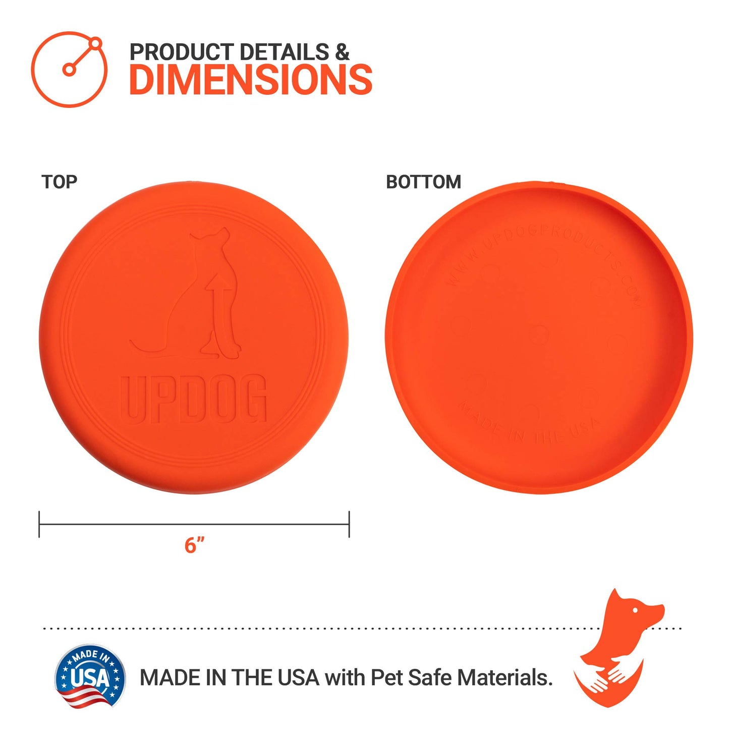 Frisbee para Perro, Fabricado en EE. UU. Productos Updog Pequeño Disco Volador de 15,24 cm para Perros, Anaranjado, 6