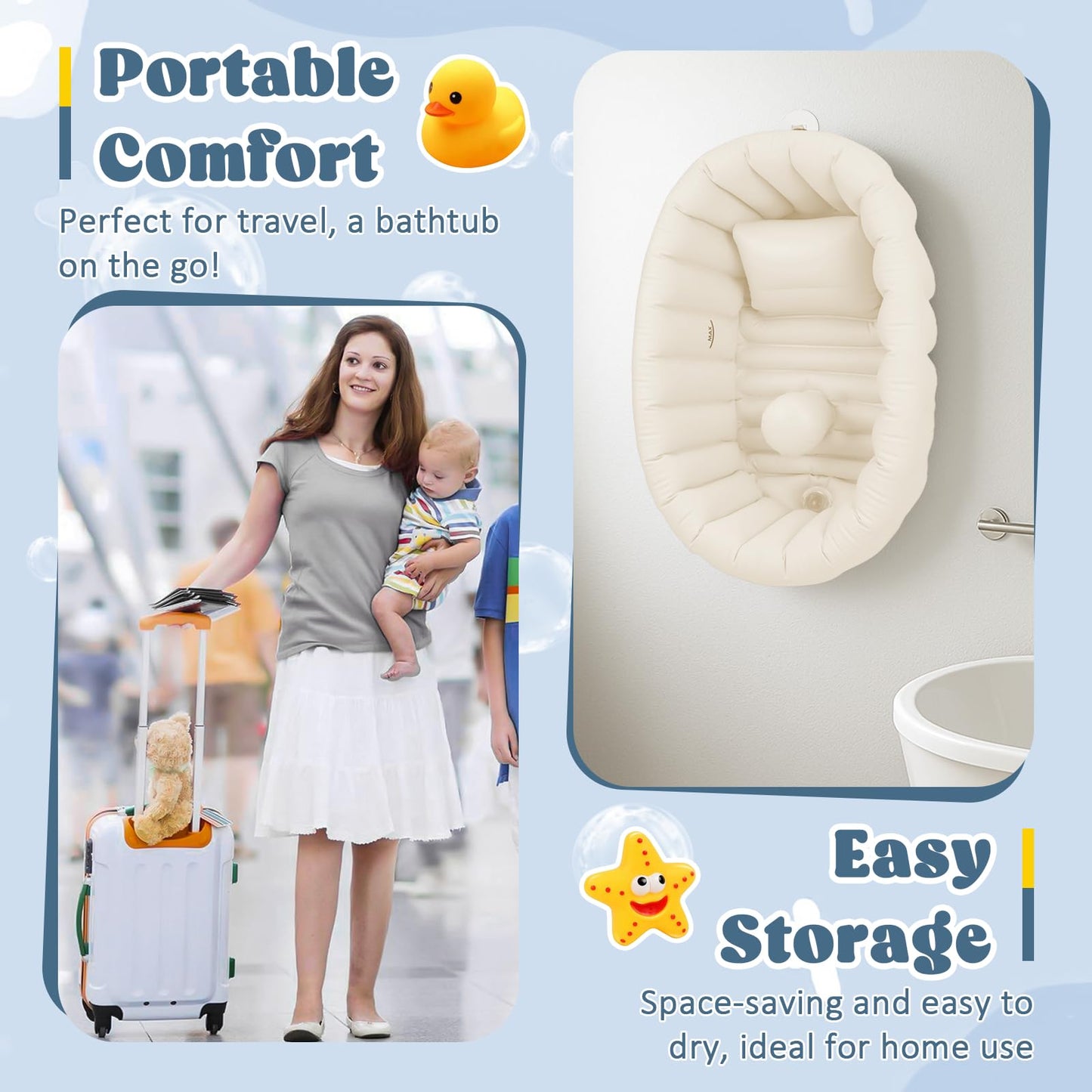 Bañera inflable para bebé, baño plegable para bebé con soporte para la espalda, bañera portátil de viaje para recién nacidos con orificio de drenaje, bañeras plegables para bebés de lactante a niño