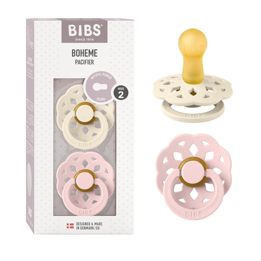 BIBS Chupones Boheme Pack de 2, Tetina redonda de látex natural, Talle 2, Color Ivory/Blossom, 6 a 18 meses, Hecho en Dinamarca