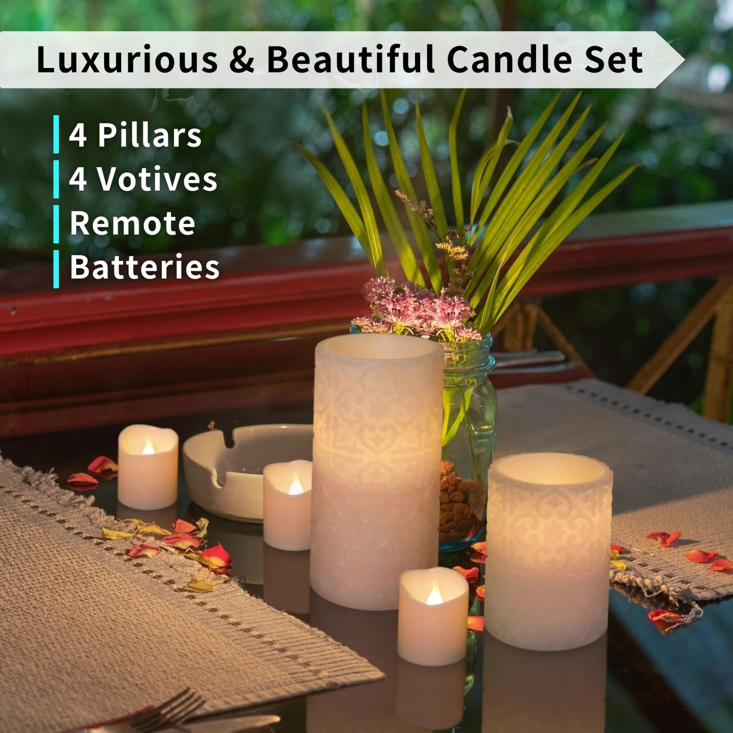 Furora Lighting - Velas LED de cera real, control remoto y temporizador, paquete de 8 (4 pilares y 4 votivas), velas sin llama con parpadeo para decorar el hogar, incluye pilas, rosa, (Pink Rome)