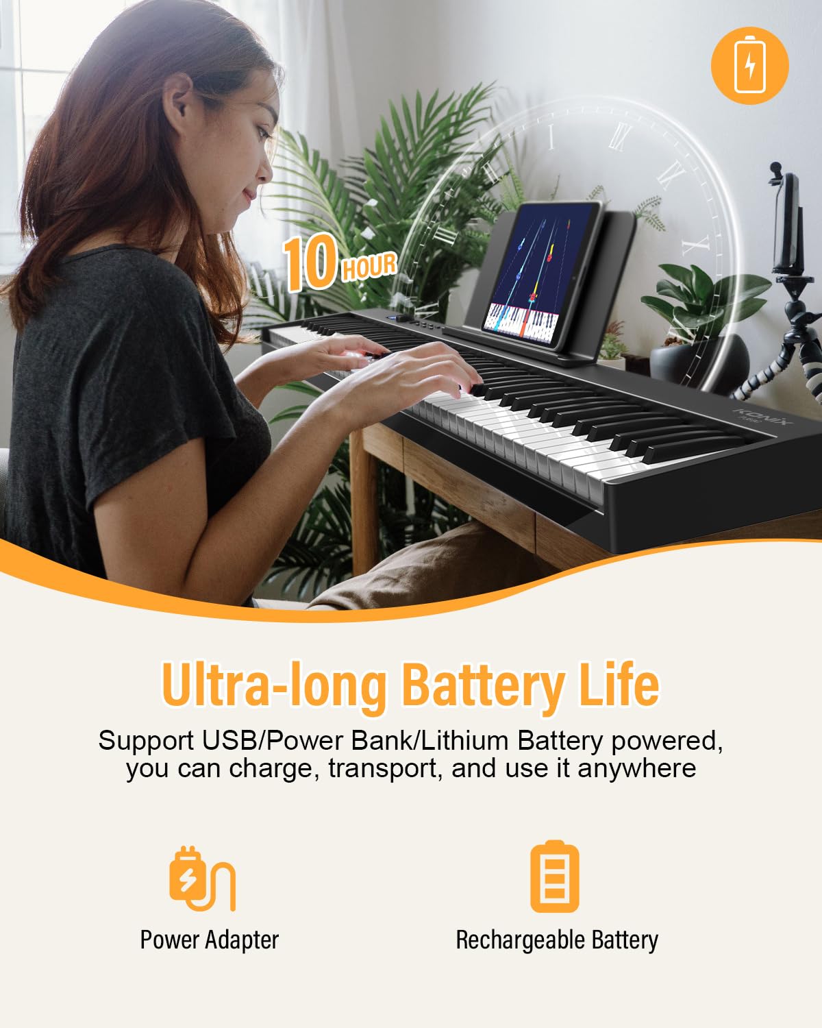 KONIX Teclado de piano plegable, 88 teclas de tamaño completo, teclado de piano plegable semipesado, teclado electrónico portátil Bluetooth con soporte de partitura, pedal sostenible y bolsa de piano,