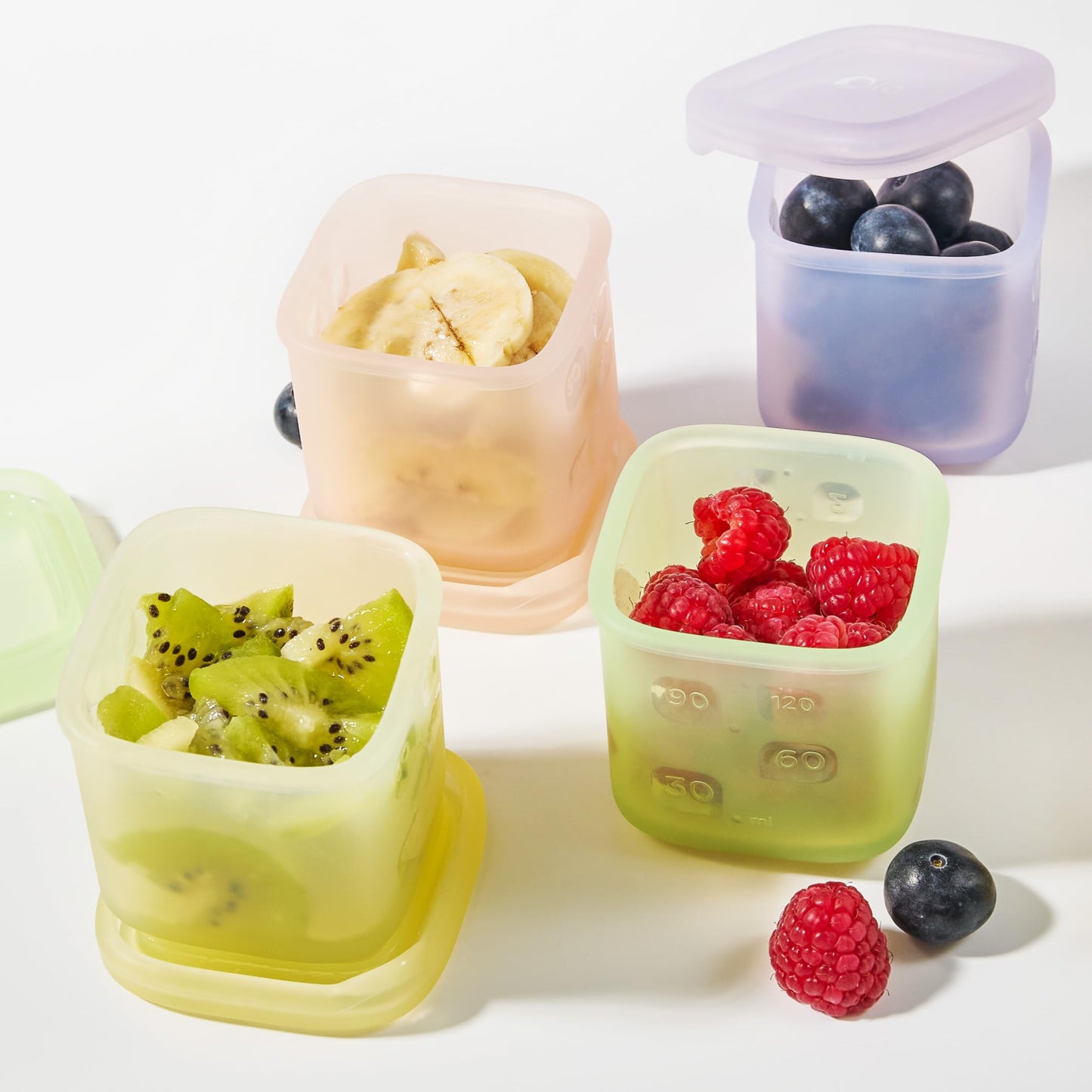 Olababy Clear Sense - Contenedores de almacenamiento de silicona, 4 unidades para alimentos de bebé, aperitivos, fórmula, puré, salsa y más, micro plástico y sin BPA, esenciales para la guardería para