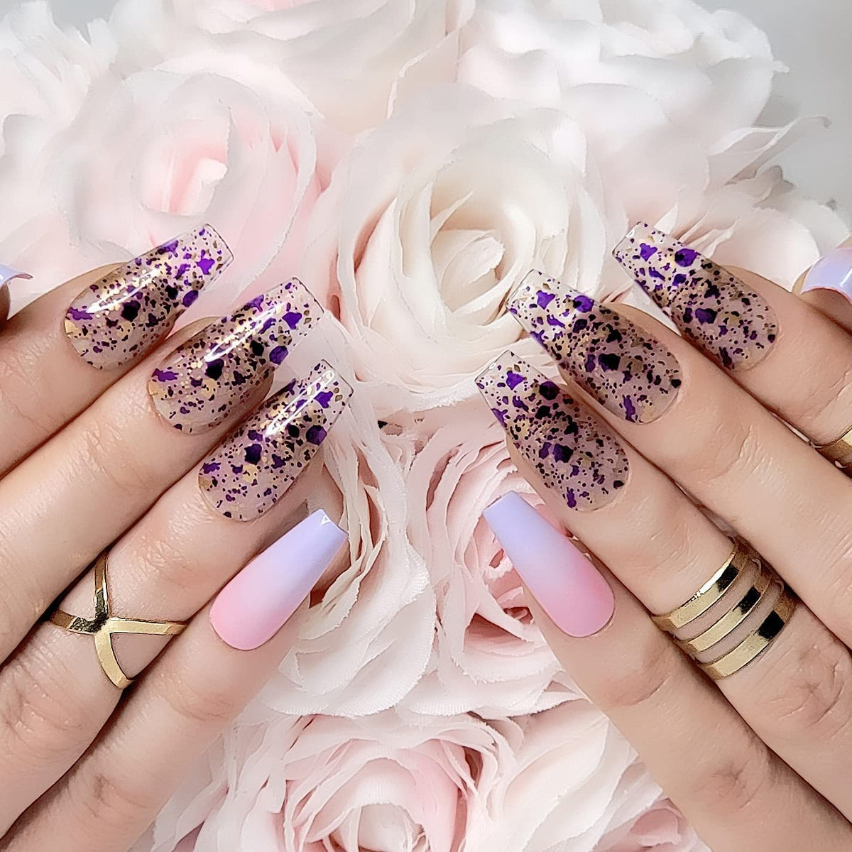 Hypnaughty 24 Pcs Rio Purple and Pink Ombre Coffin Press on Nails with Design and Glue Long and Extra Long Fake Nails Purple and Pink Ombre with Transparent Gold and Purple Design Glue on Nails (Rio)