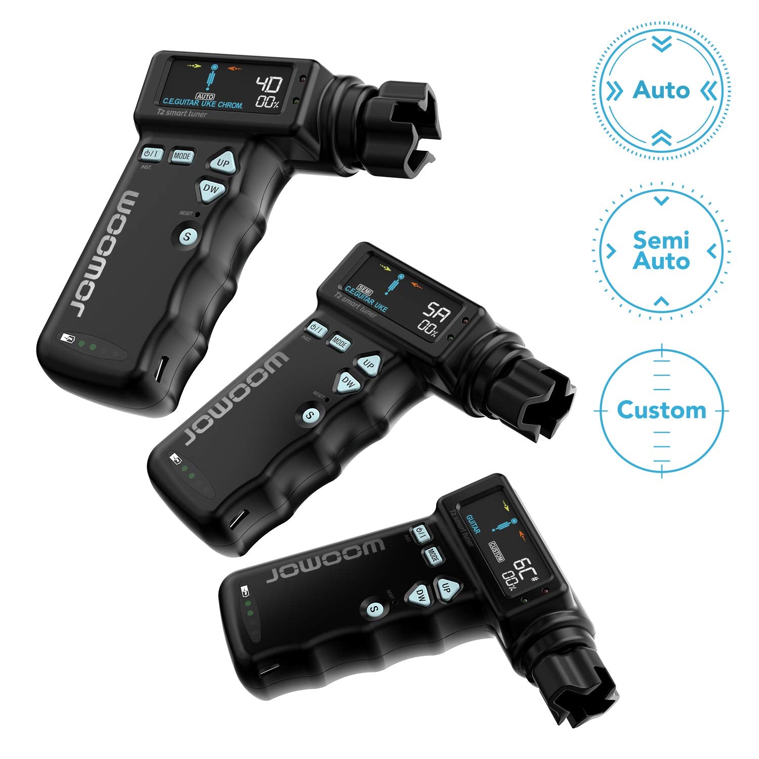JOWOOM - T2 Afinador automático inteligente rápido para guitarras acústicas y ukulelele, con bobinador eléctrico de cuerdas de 180 rpm, seguro, grado profesional, batería recargable por USB, negro