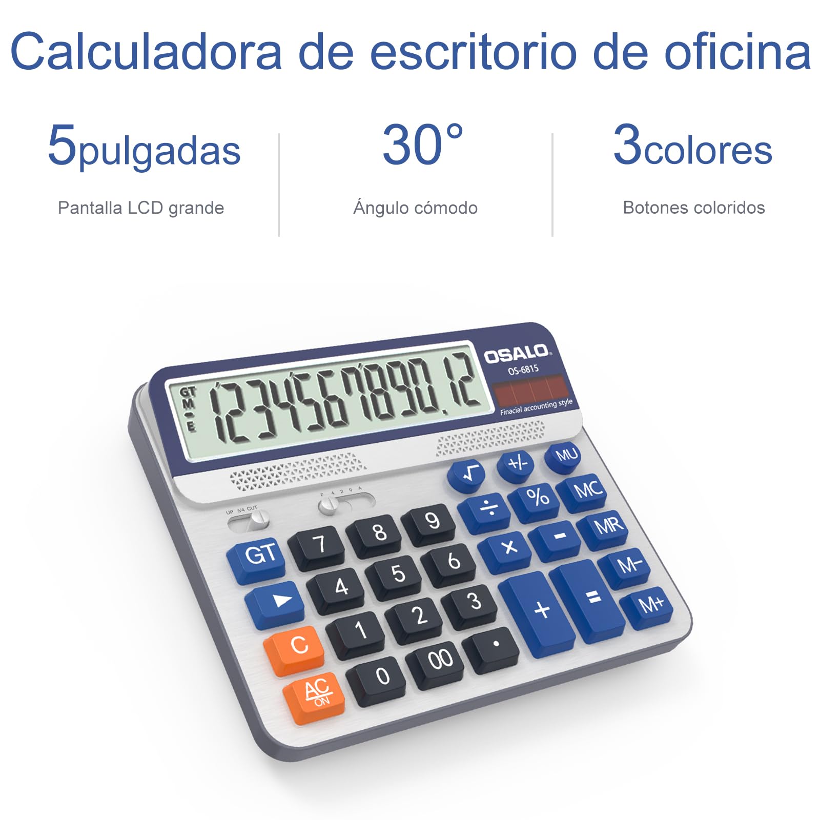 Calculadora de Escritorio Pantalla LCD Extra Grande de 5 Pulgadas Calculadora de Contabilidad de números Grandes de 12 dígitos con botón de Respuesta Gigante, para Office Business Home (OS-6815)