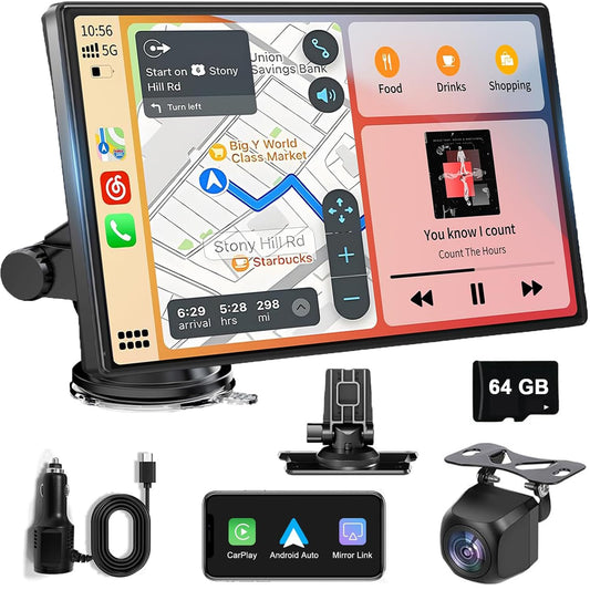 HXEIR Autoestéreo para Carro Portátil de 9 Pulgadas con 2K Dashcam, CarPlay inalámbrico, Android Auto, WiFi, GPS, Bluetooth, Mirror Link