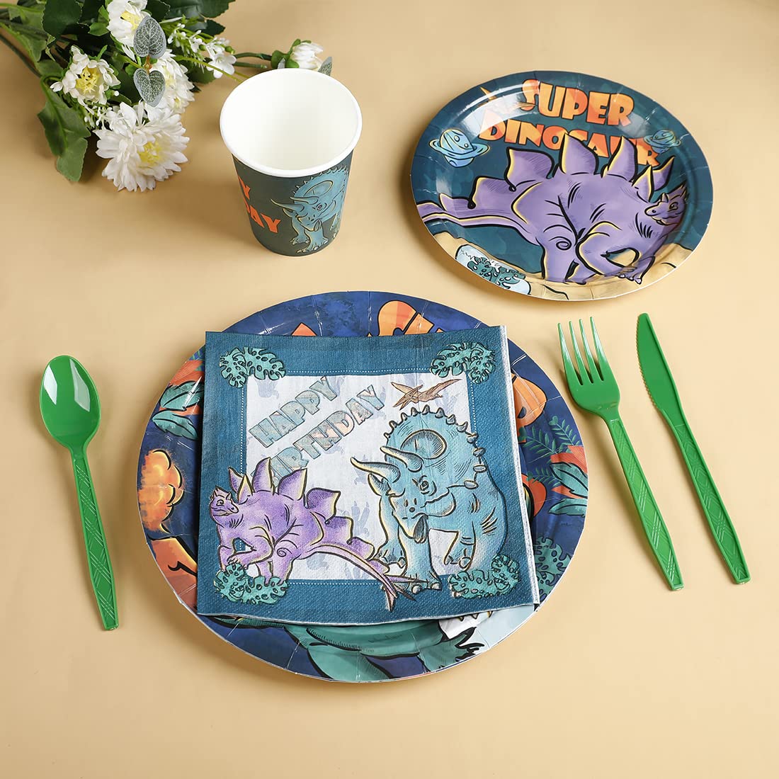 Juego de vajilla para fiesta de cumpleaños de dinosaurios para niños, 20 invitados, kit de suministros para fiesta de cumpleaños de dinosaurio, incluye platos de fiesta de dinosaurio, servilletas, tazas