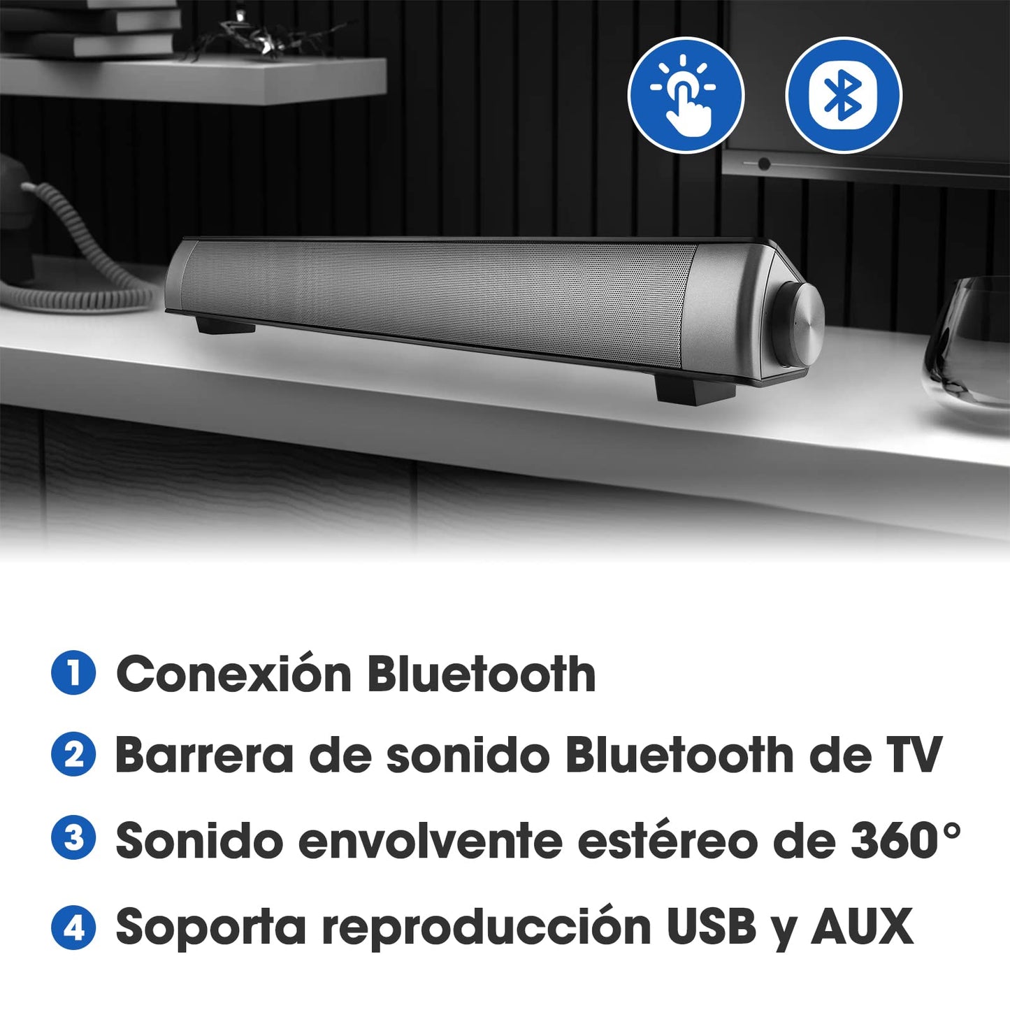 Reproductor Bluetooth,Altavoz Inalámbrico Bluetooth, con Conexión AUX/TF Sonido Envolvente Estéreo de 360, Reproducción Manos Libres, ,Minisistema de Audio para TV,Altavoces de Cine en Casa (Plata)